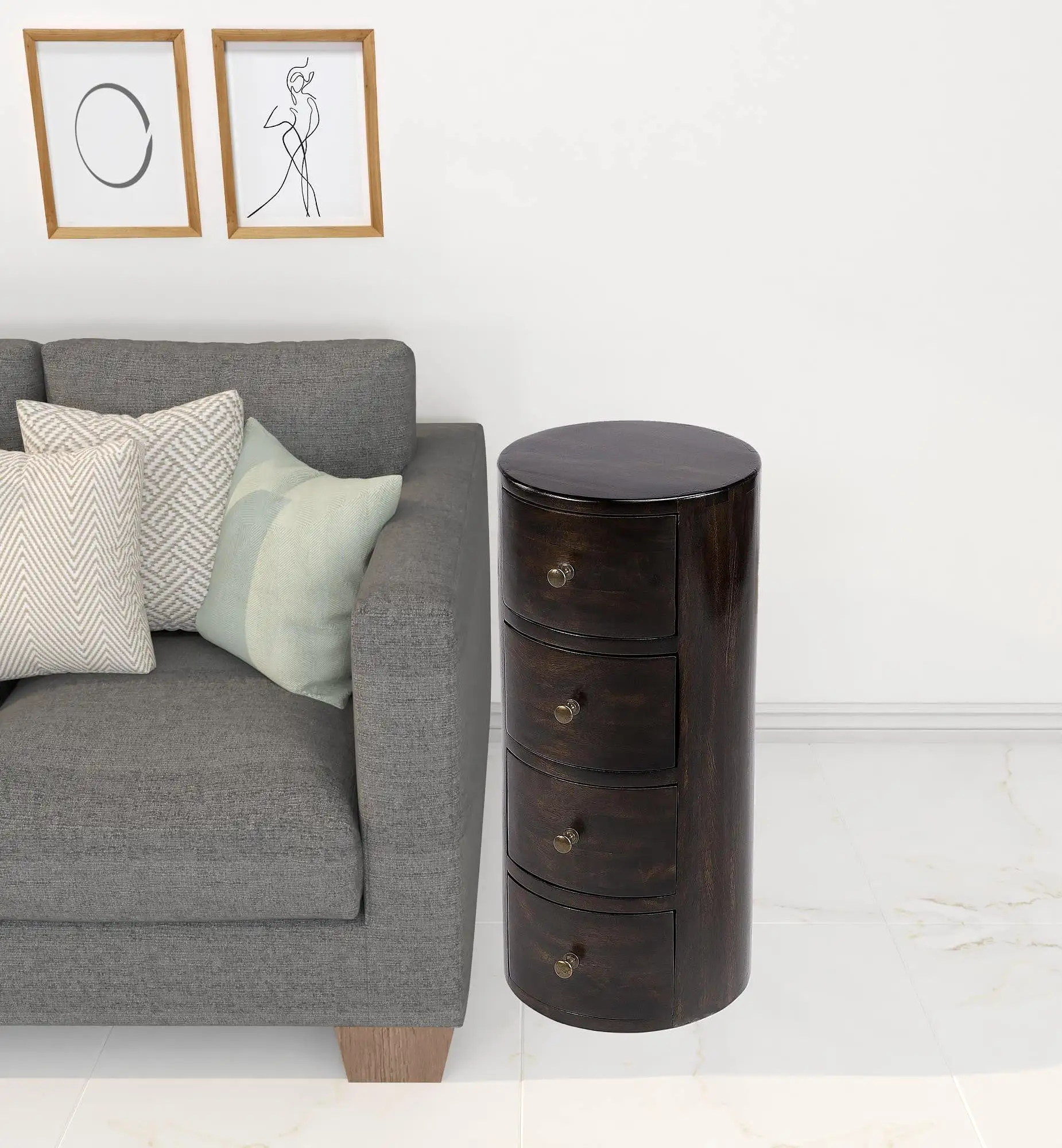 24 Dark Brown Chocolate Wood Round End Table With Four Drawers