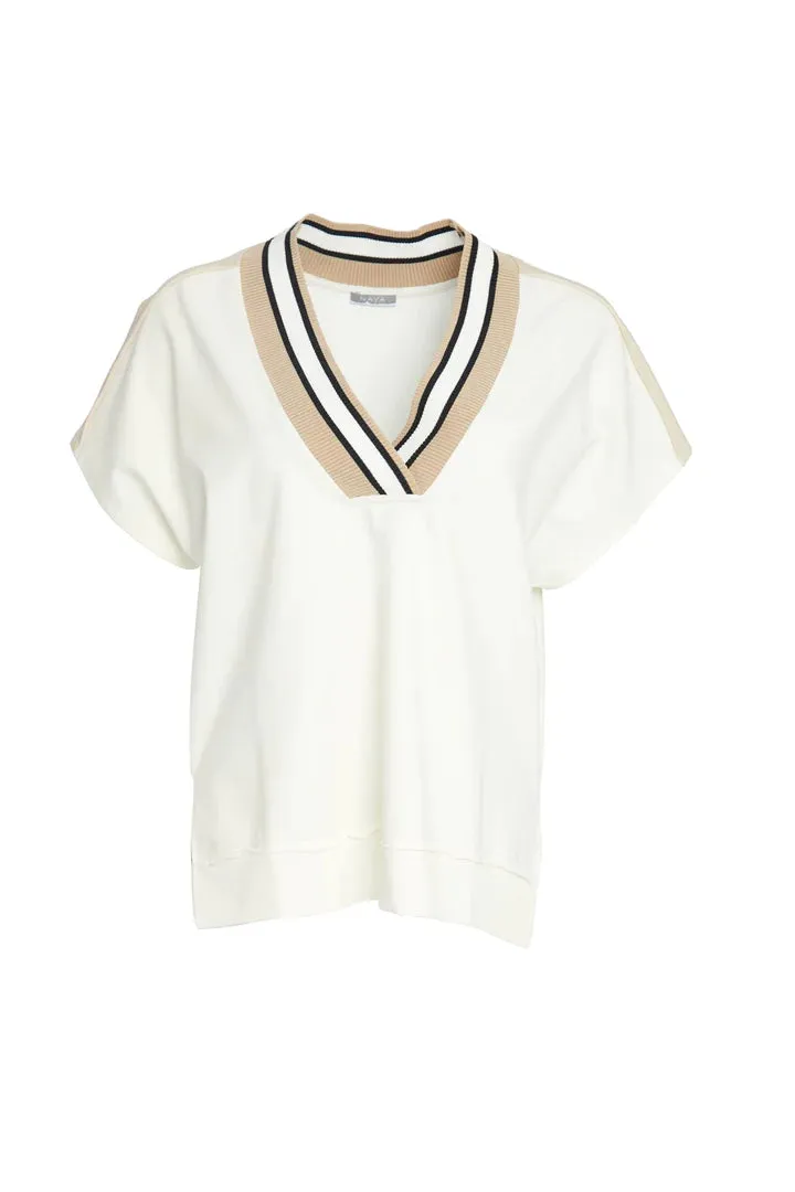 24111- Naya V-Neck Top w/ Knit Trim- Sand