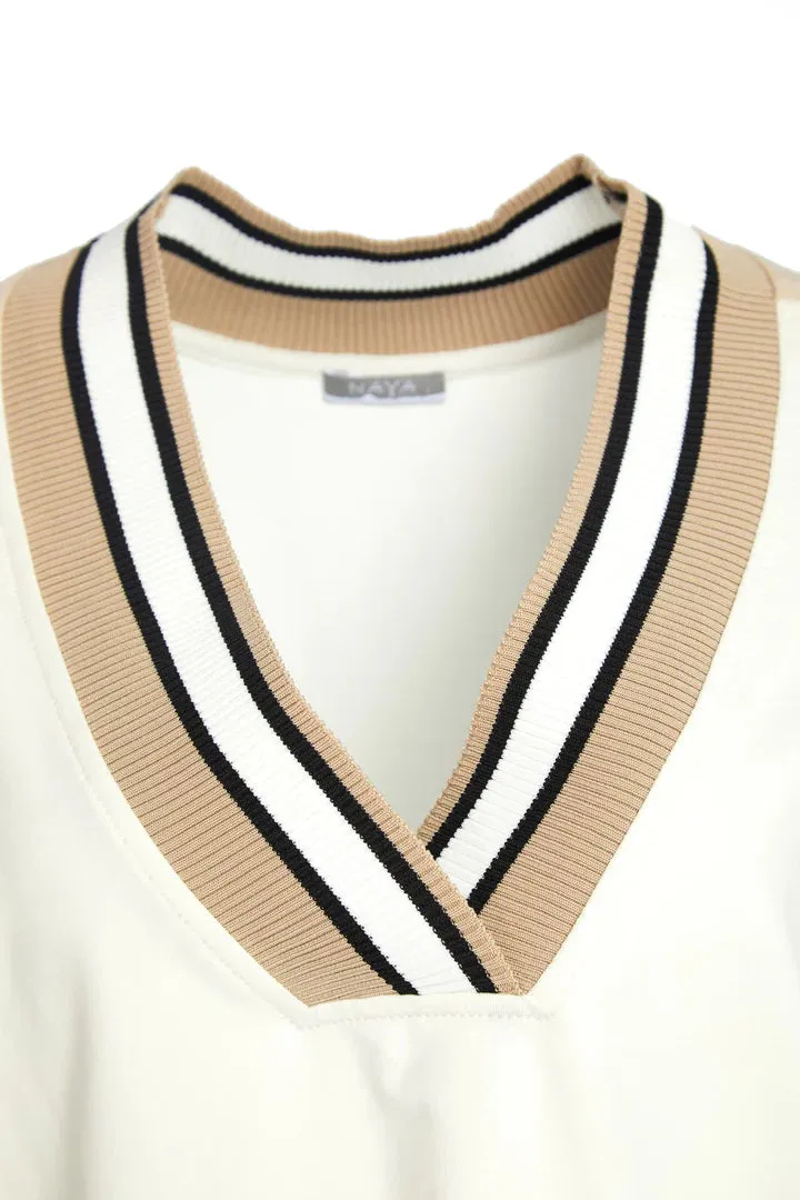 24111- Naya V-Neck Top w/ Knit Trim- Sand