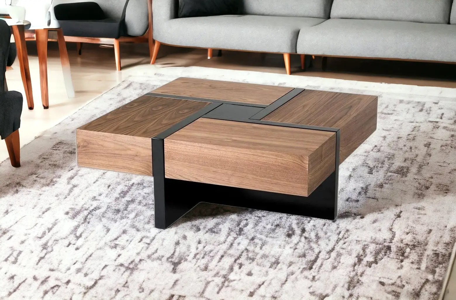 39 Brown and Black and Black Square Coffee Table with Four Drawers