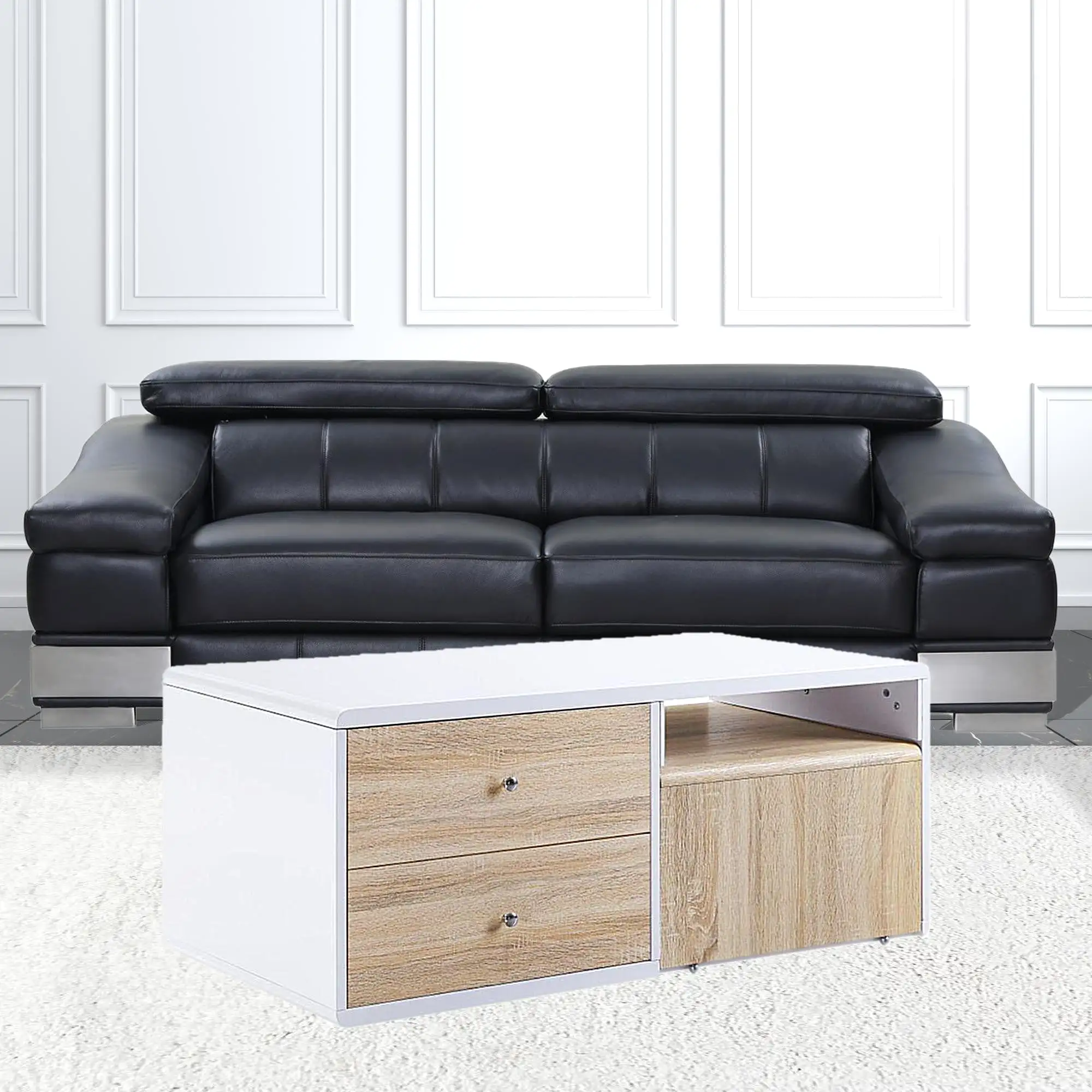 47 White and Natural Coffee Table With Four Drawers