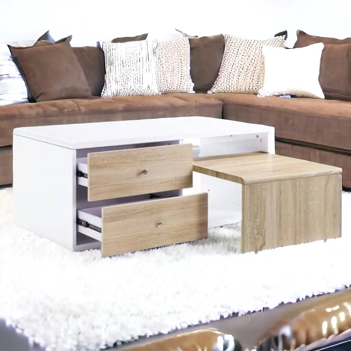 47 White and Natural Coffee Table With Four Drawers