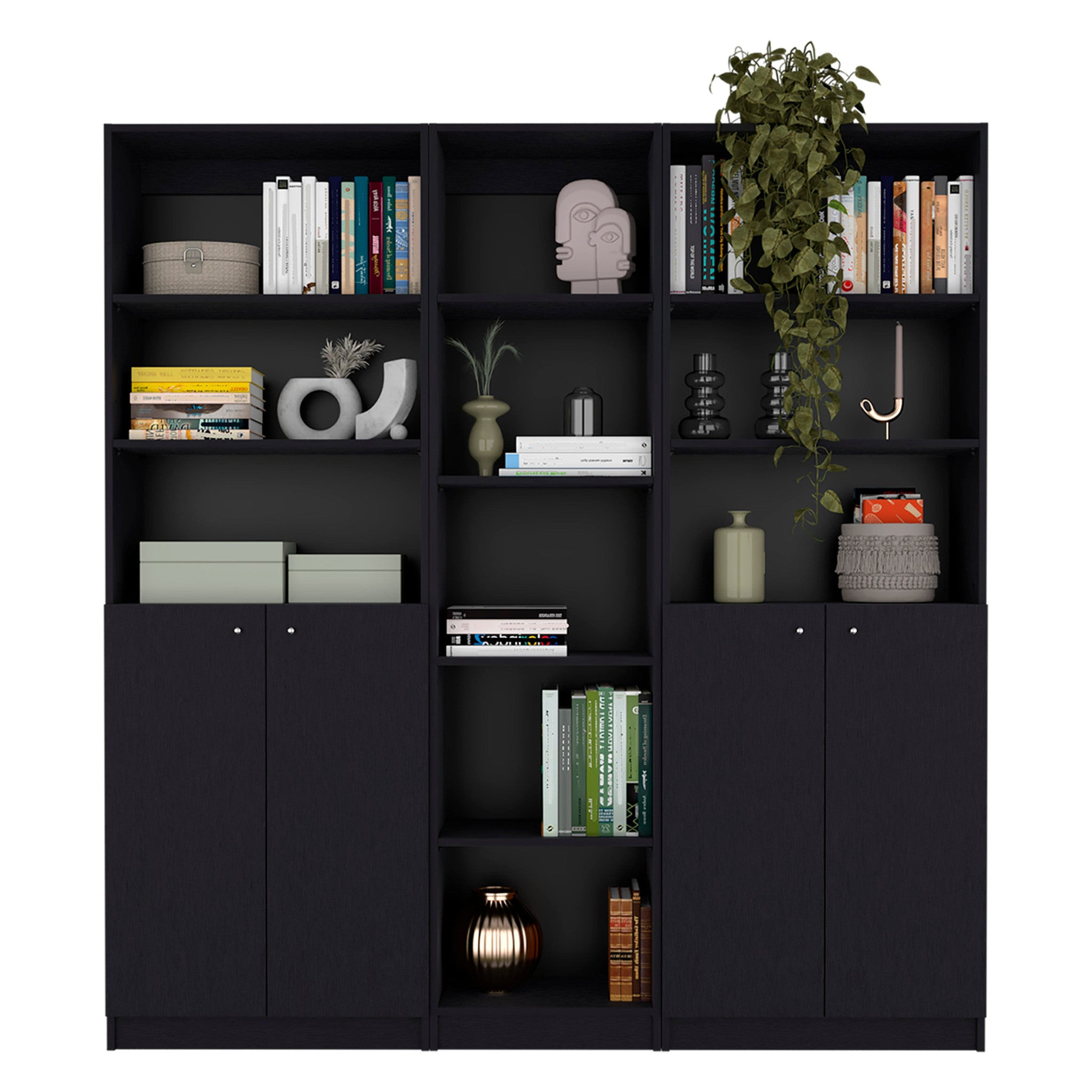 71 Black Five Tier Bookcase with Four doors