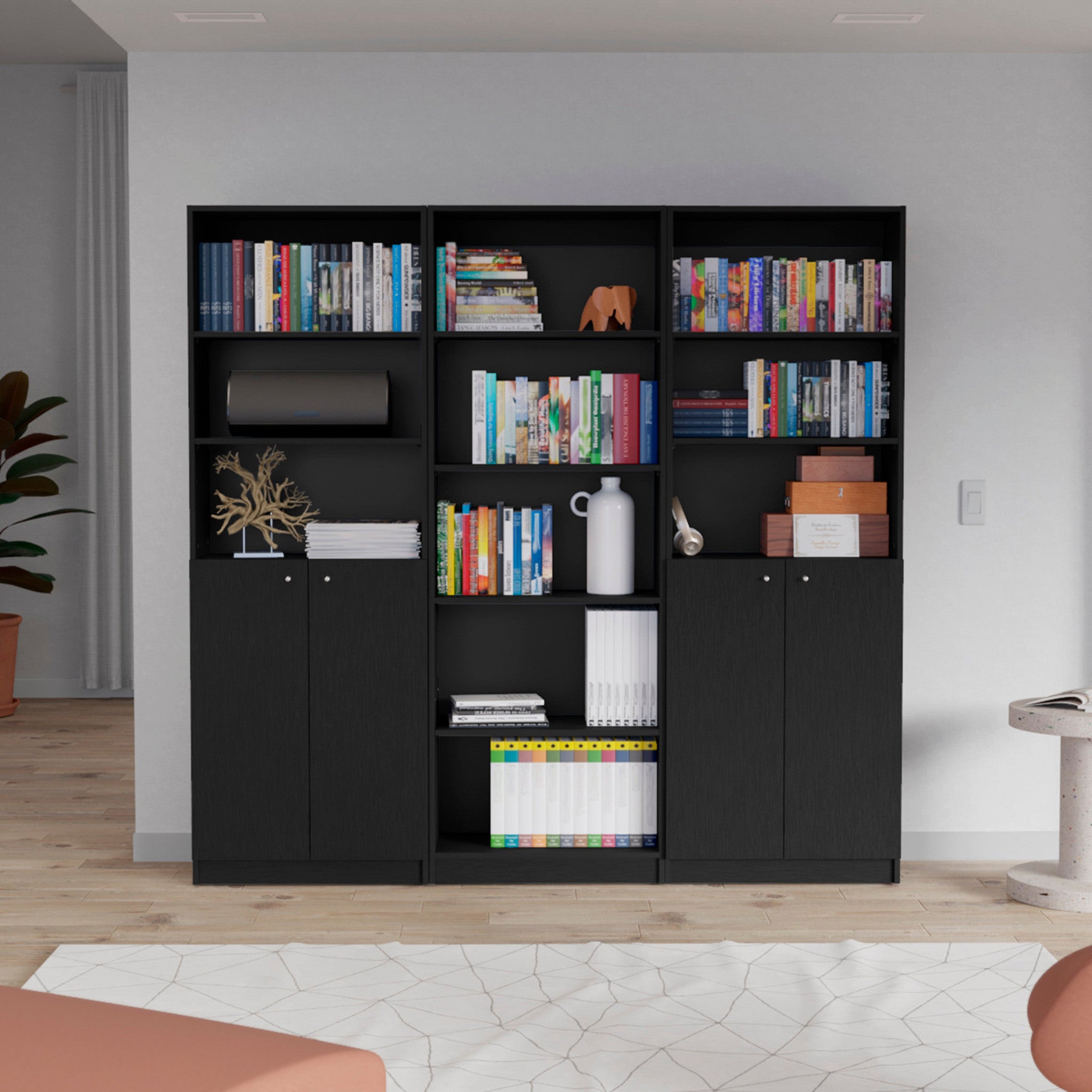 71 Black Five Tier Bookcase with Four doors