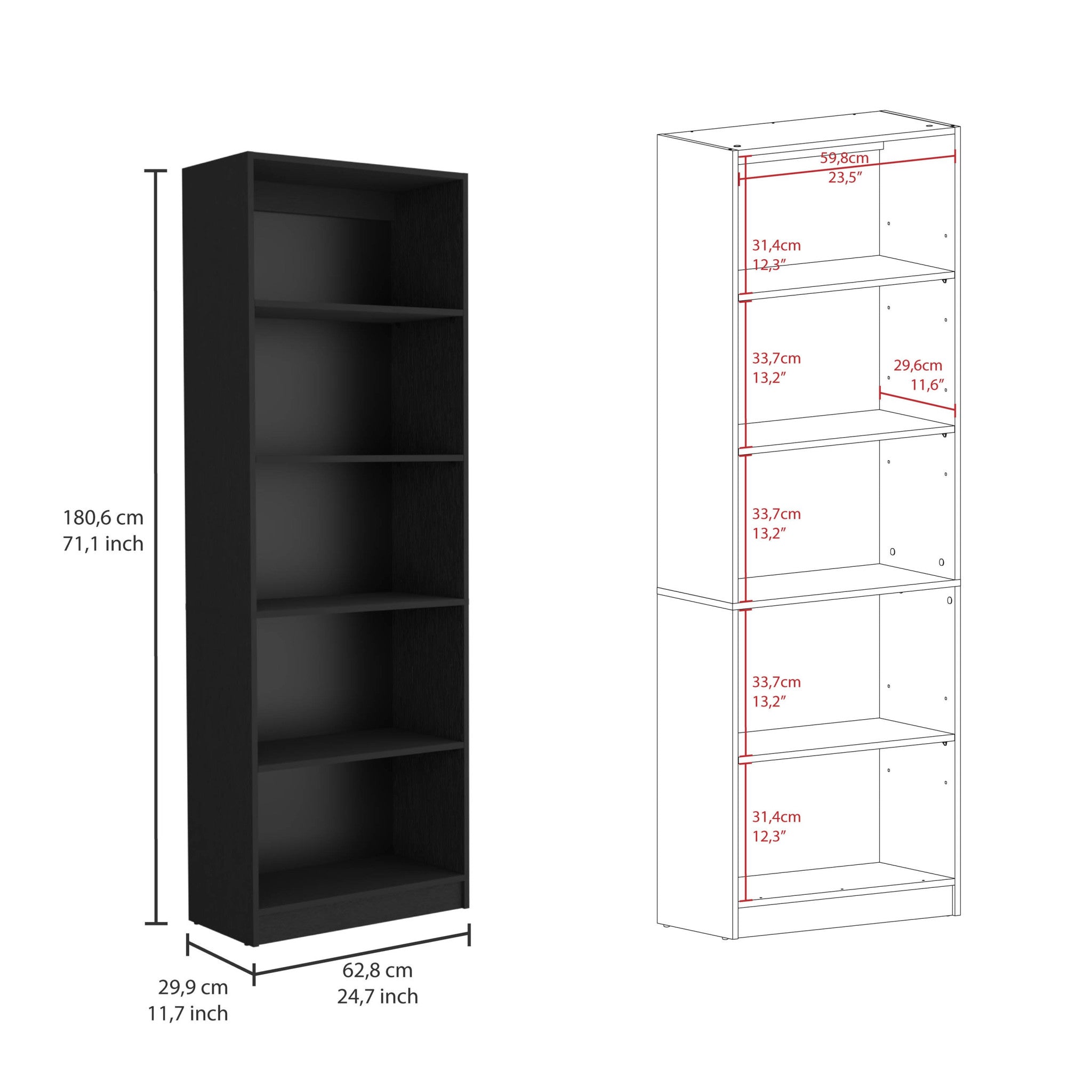 71 Black Five Tier Bookcase with Four doors