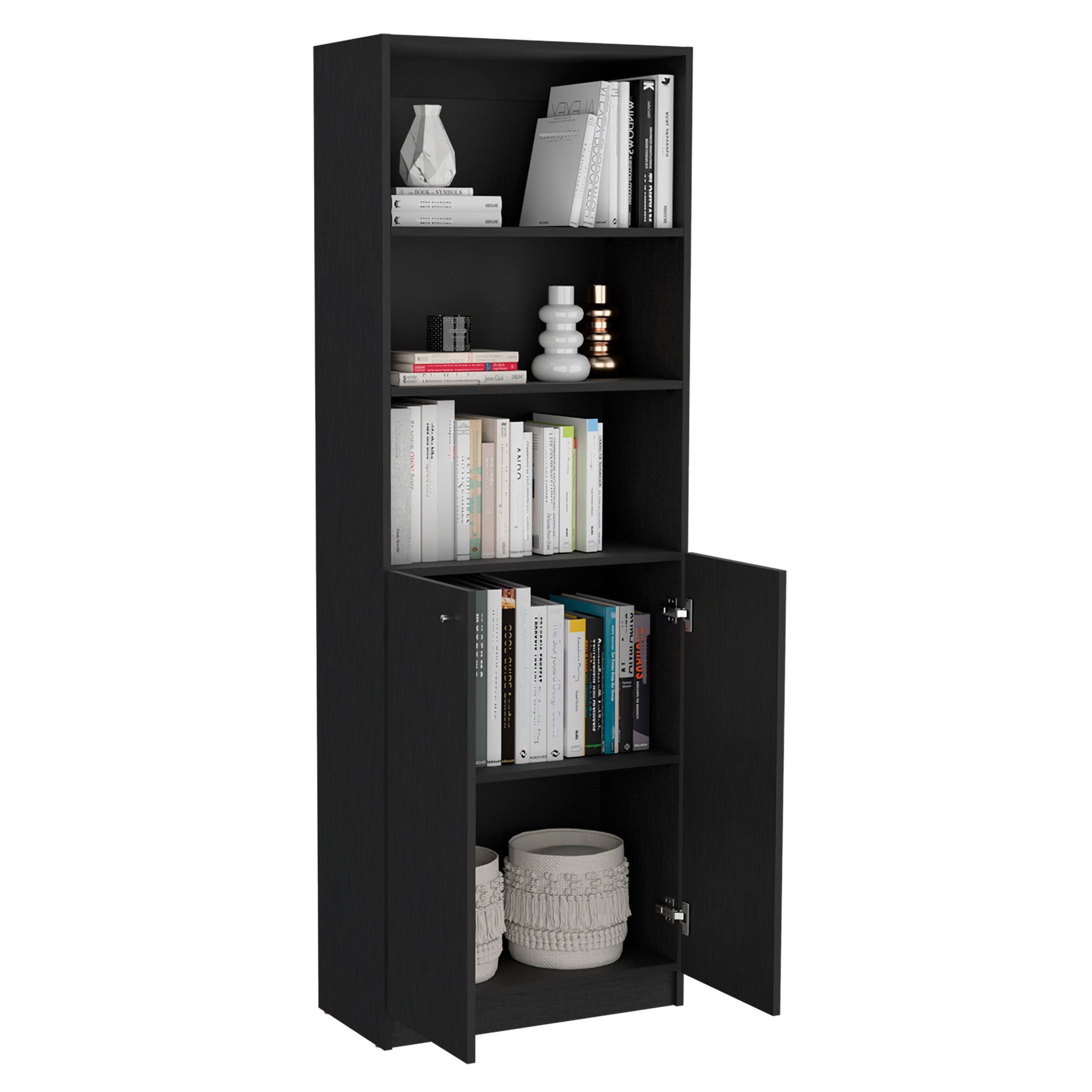 71 Black Five Tier Bookcase with Four doors