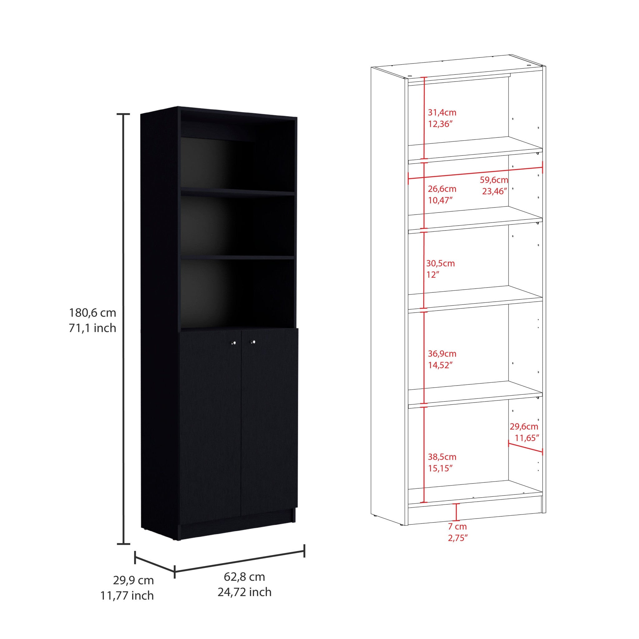 71 Black Five Tier Bookcase with Four doors