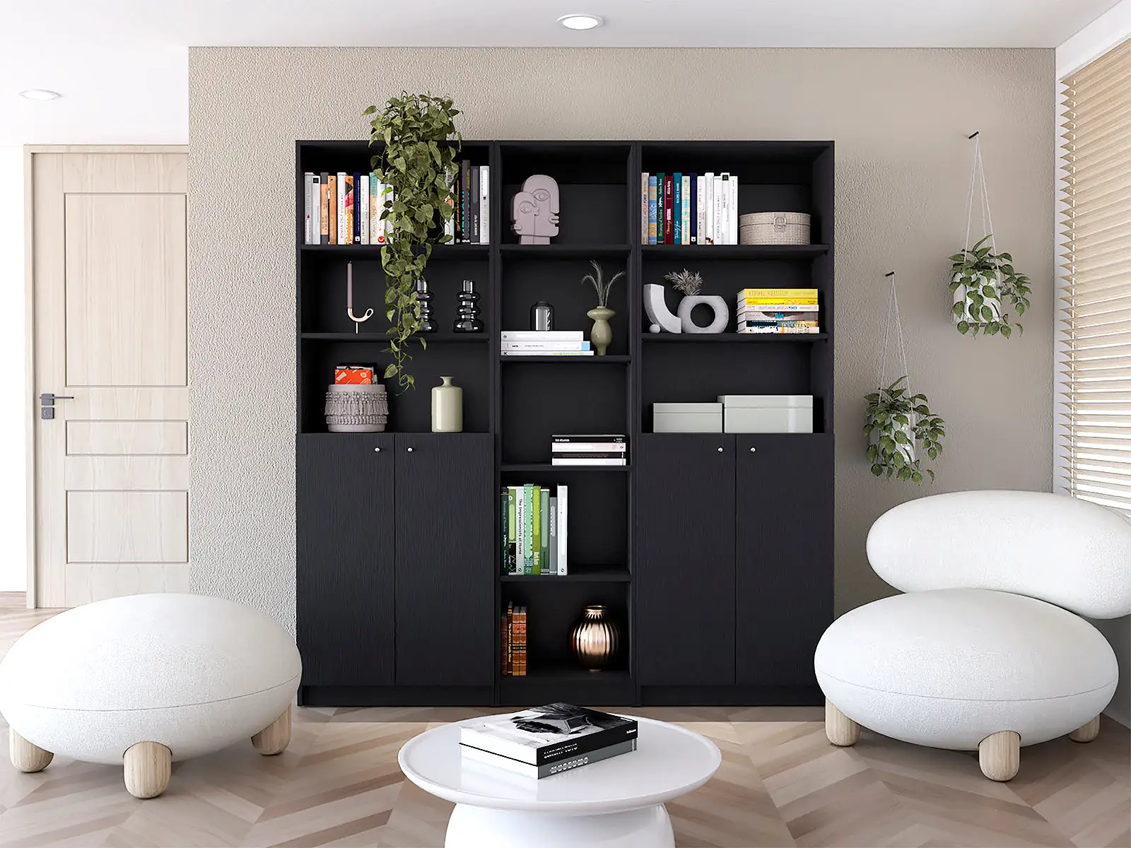 71 Black Five Tier Bookcase with Four doors