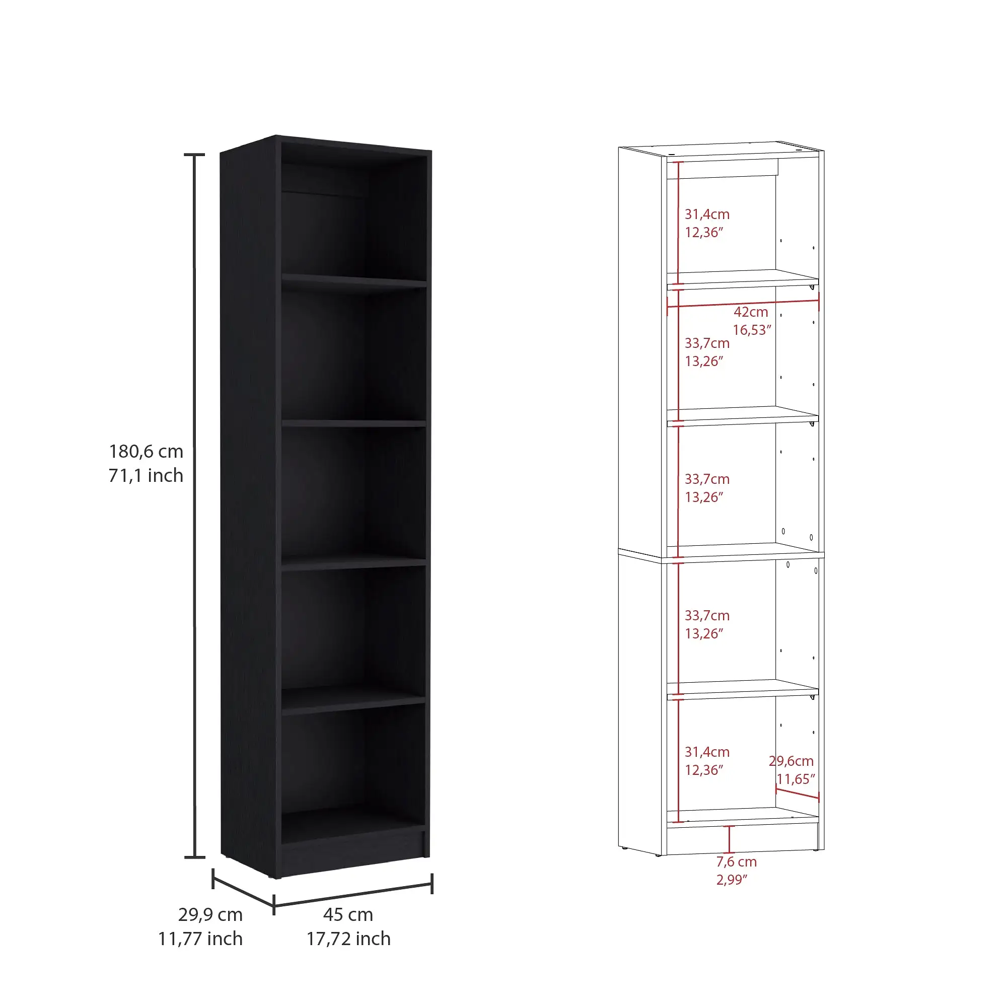 71 Black Five Tier Bookcase with Four doors