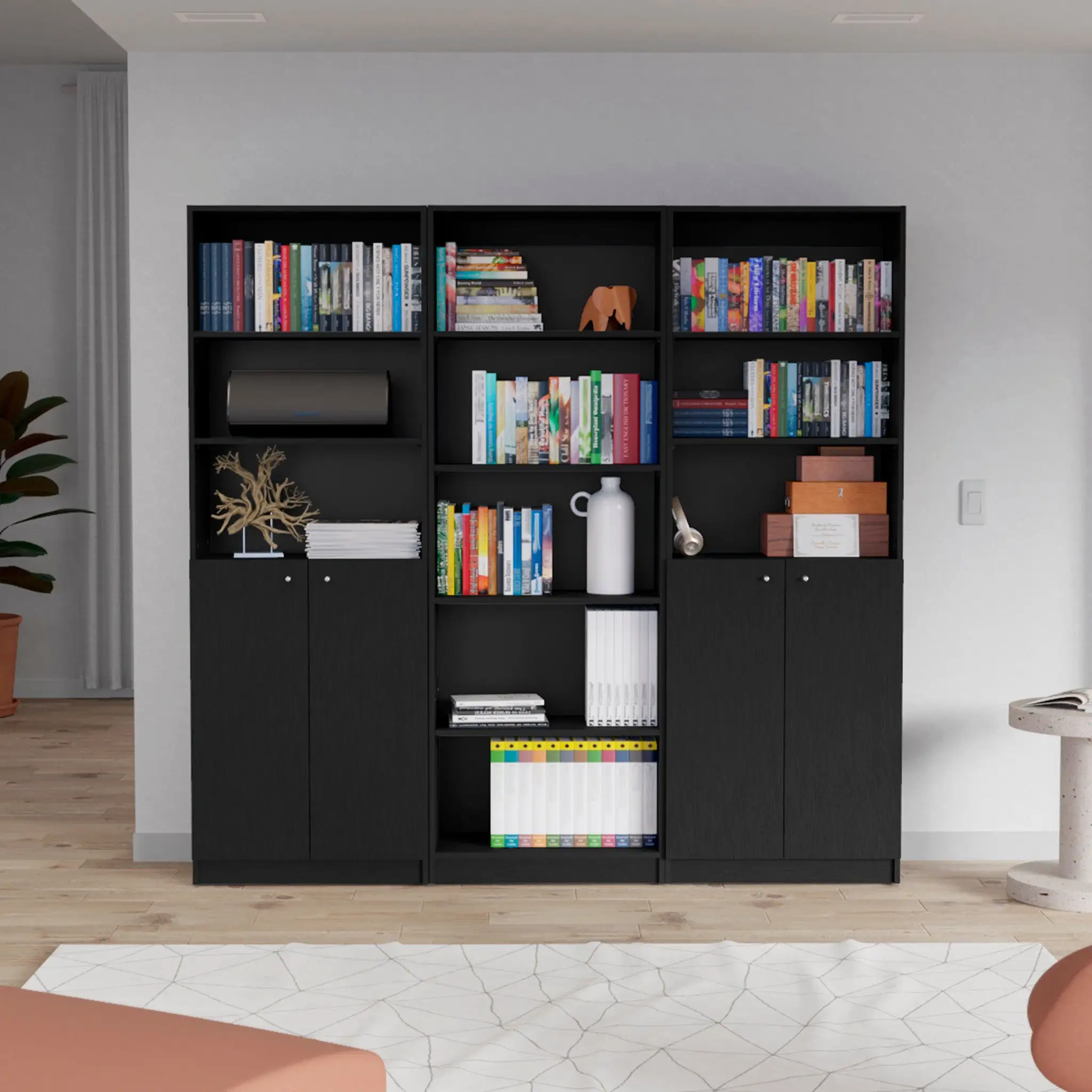 71 Black Five Tier Bookcase with Four doors