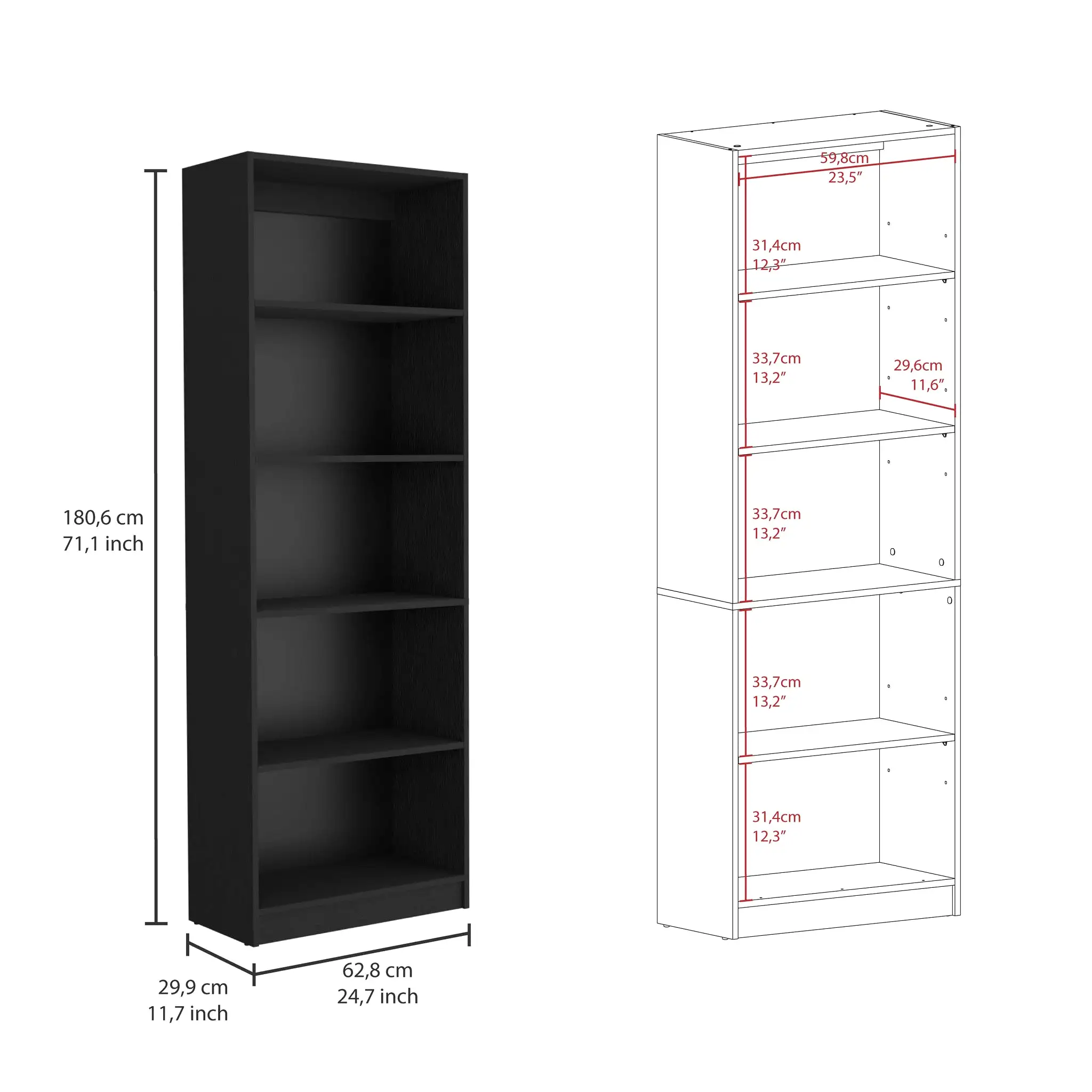 71 Black Five Tier Bookcase with Four doors