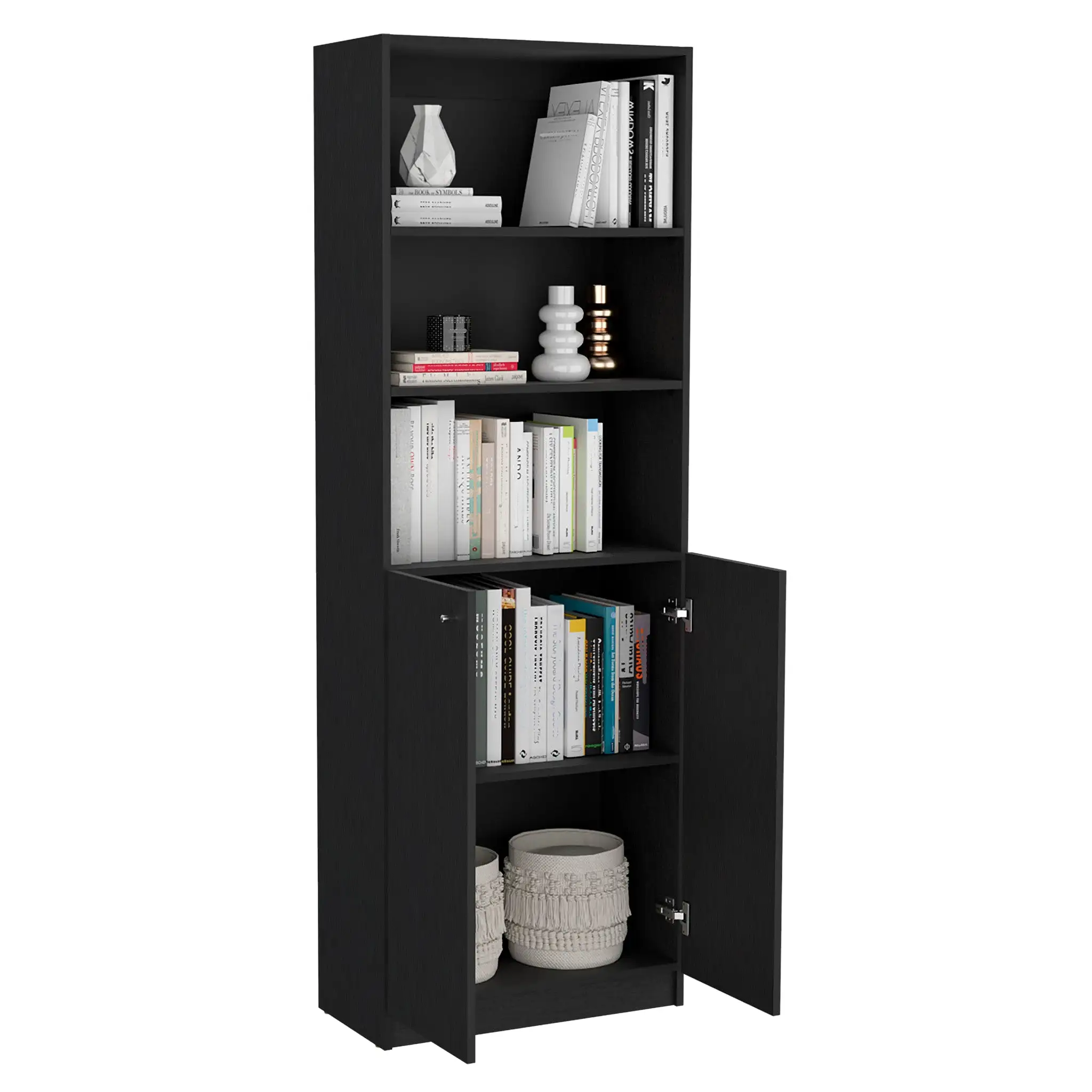 71 Black Five Tier Bookcase with Four doors