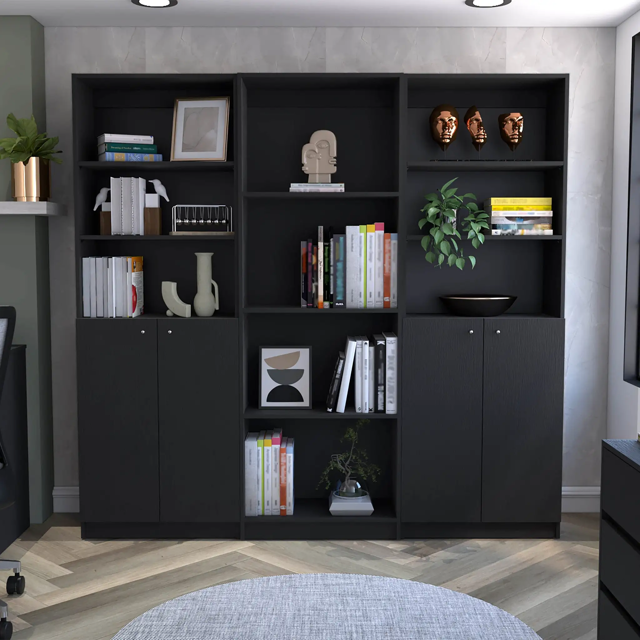 71 Black Five Tier Bookcase with Four doors