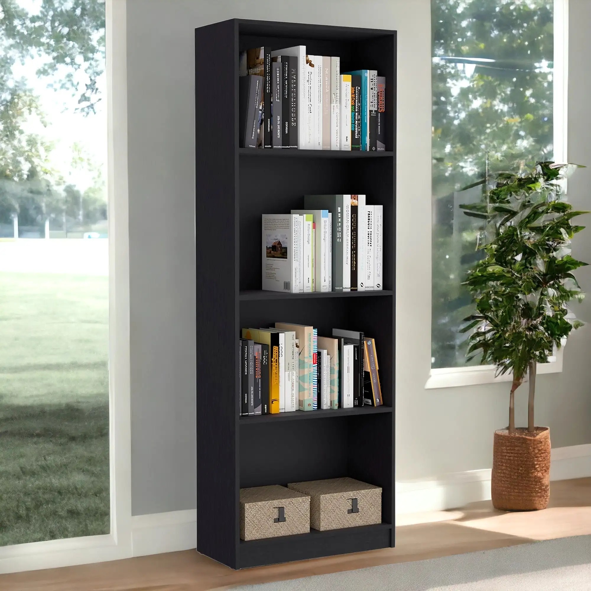 71 Black Five Tier Bookcase with Four doors