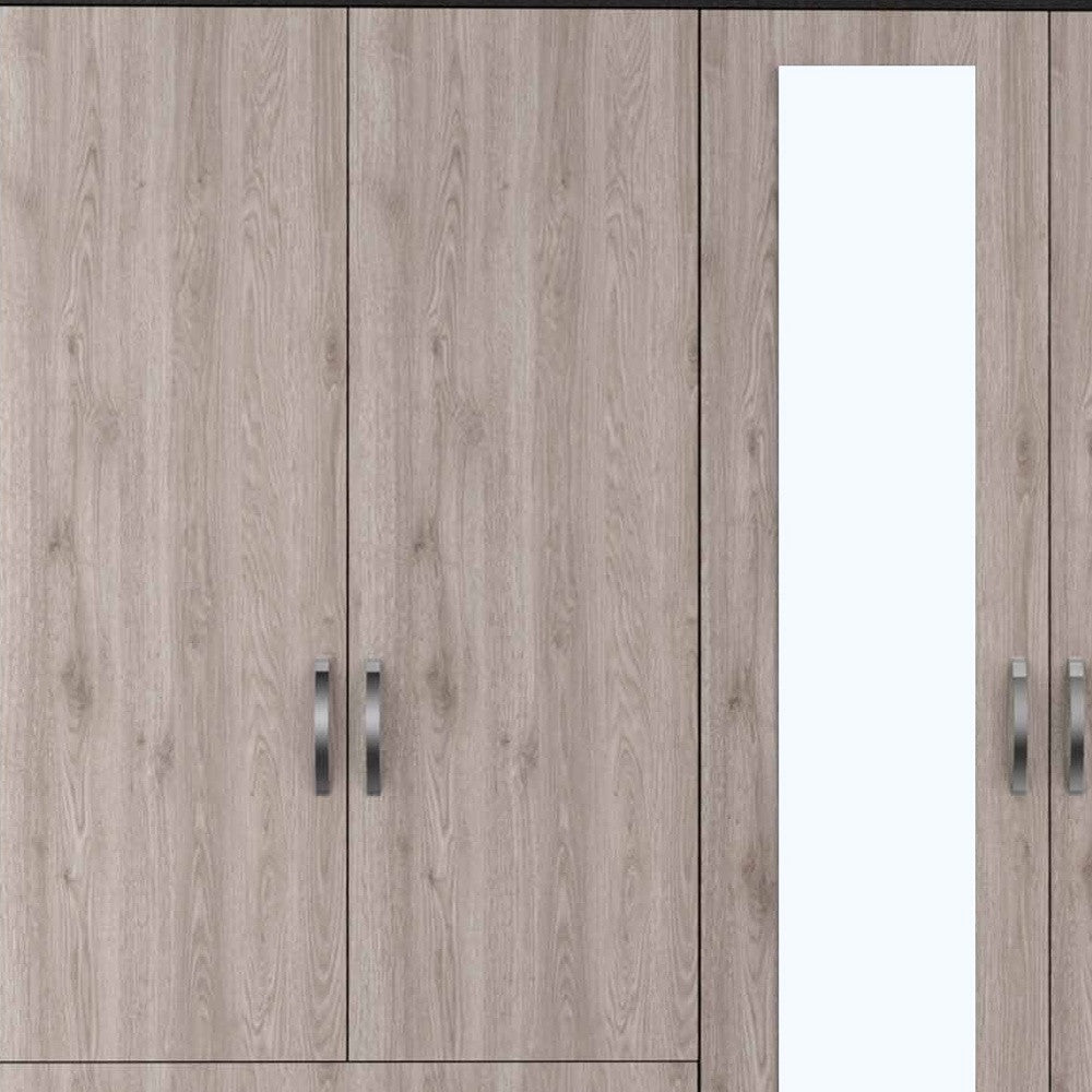 71 Light Oak and Black Four Door Wardrobe Closet with Mirrors