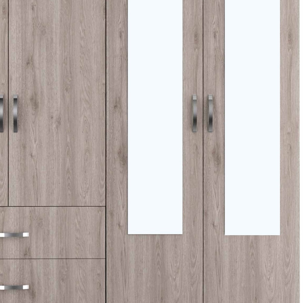 71 Light Oak and Black Four Door Wardrobe Closet with Mirrors