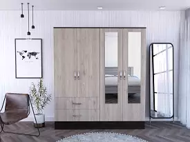 71 Light Oak and Black Four Door Wardrobe Closet with Mirrors