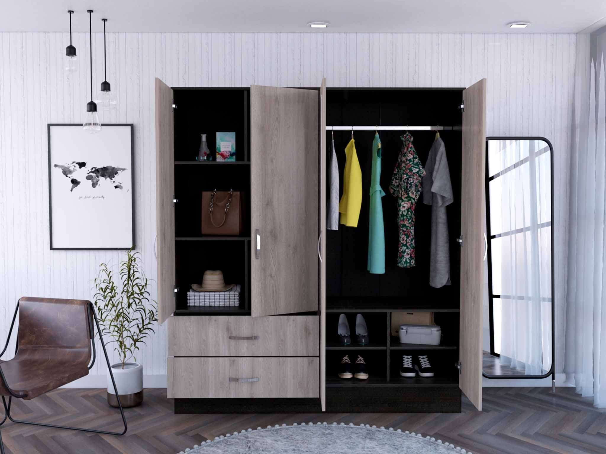 71 Light Oak and Black Four Door Wardrobe Closet with Mirrors