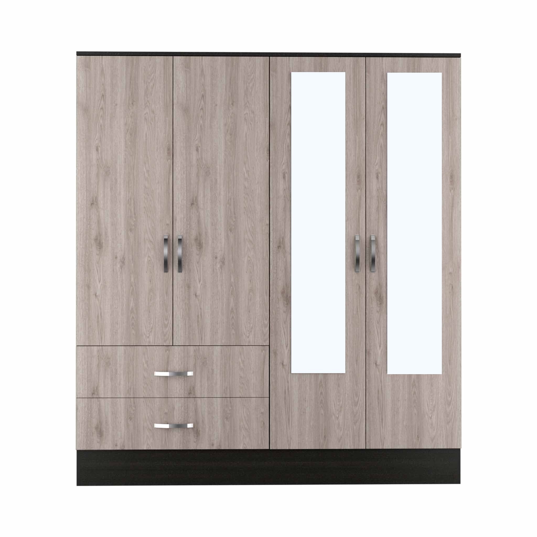 71 Light Oak and Black Four Door Wardrobe Closet with Mirrors