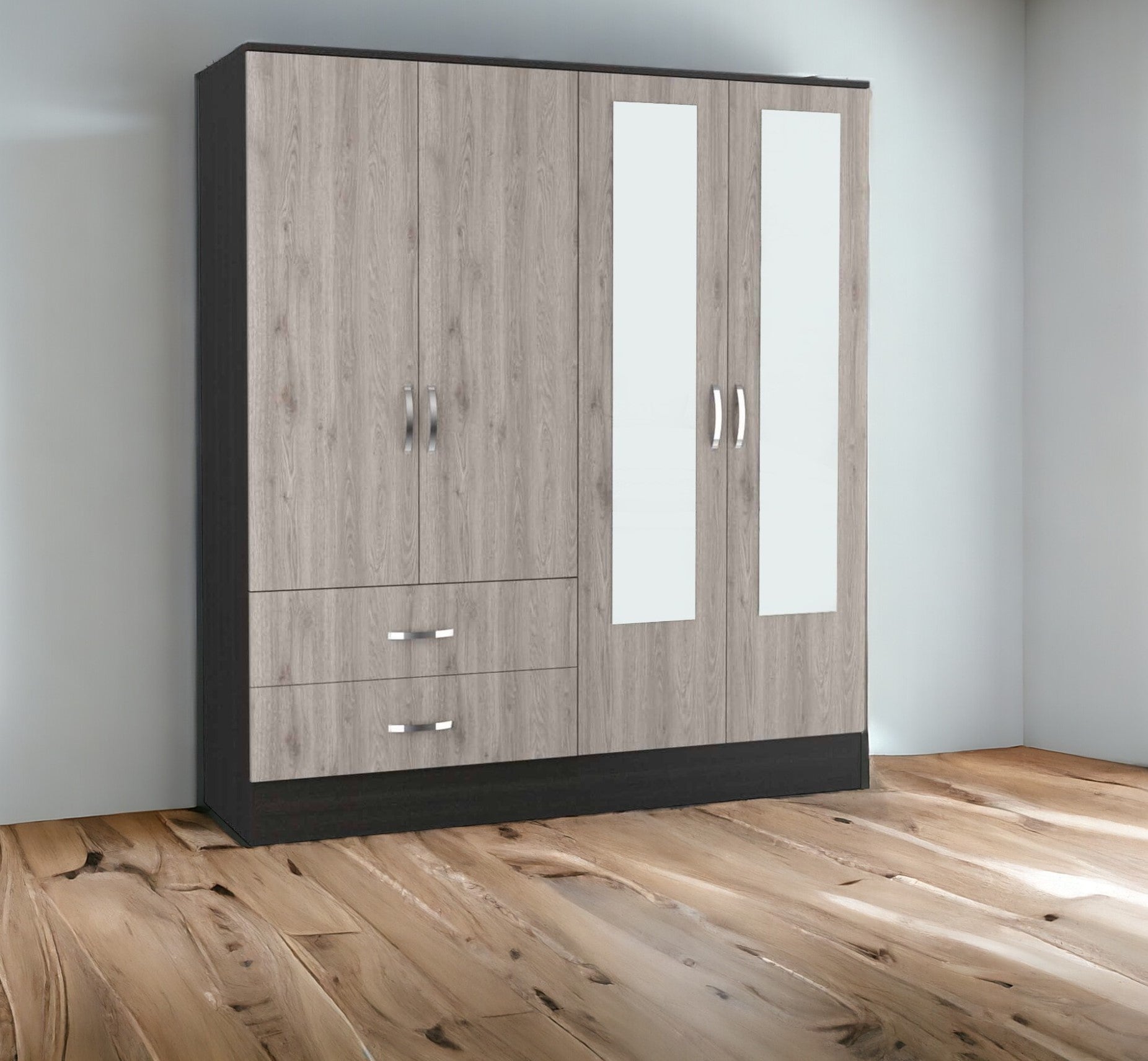 71 Light Oak and Black Four Door Wardrobe Closet with Mirrors