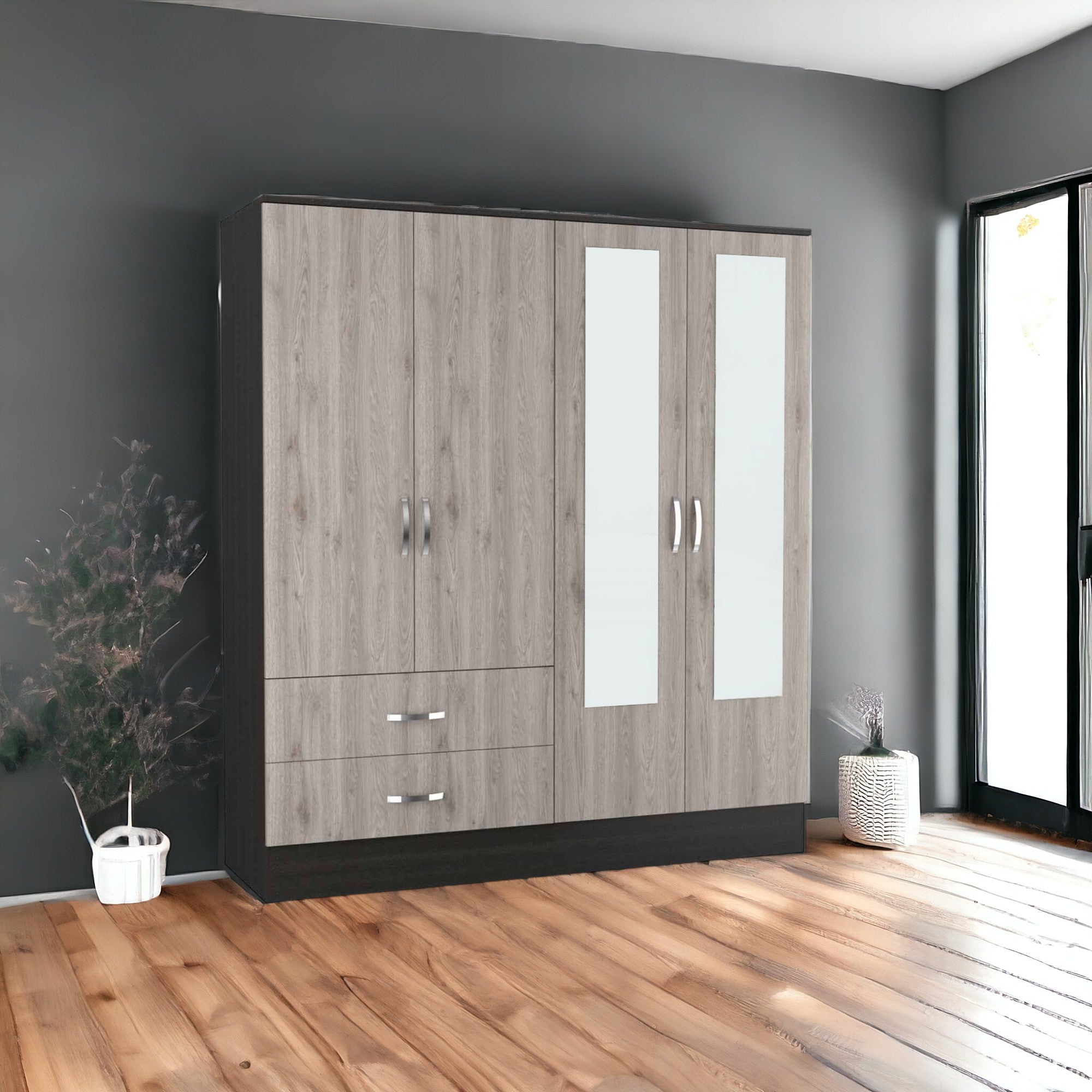 71 Light Oak and Black Four Door Wardrobe Closet with Mirrors