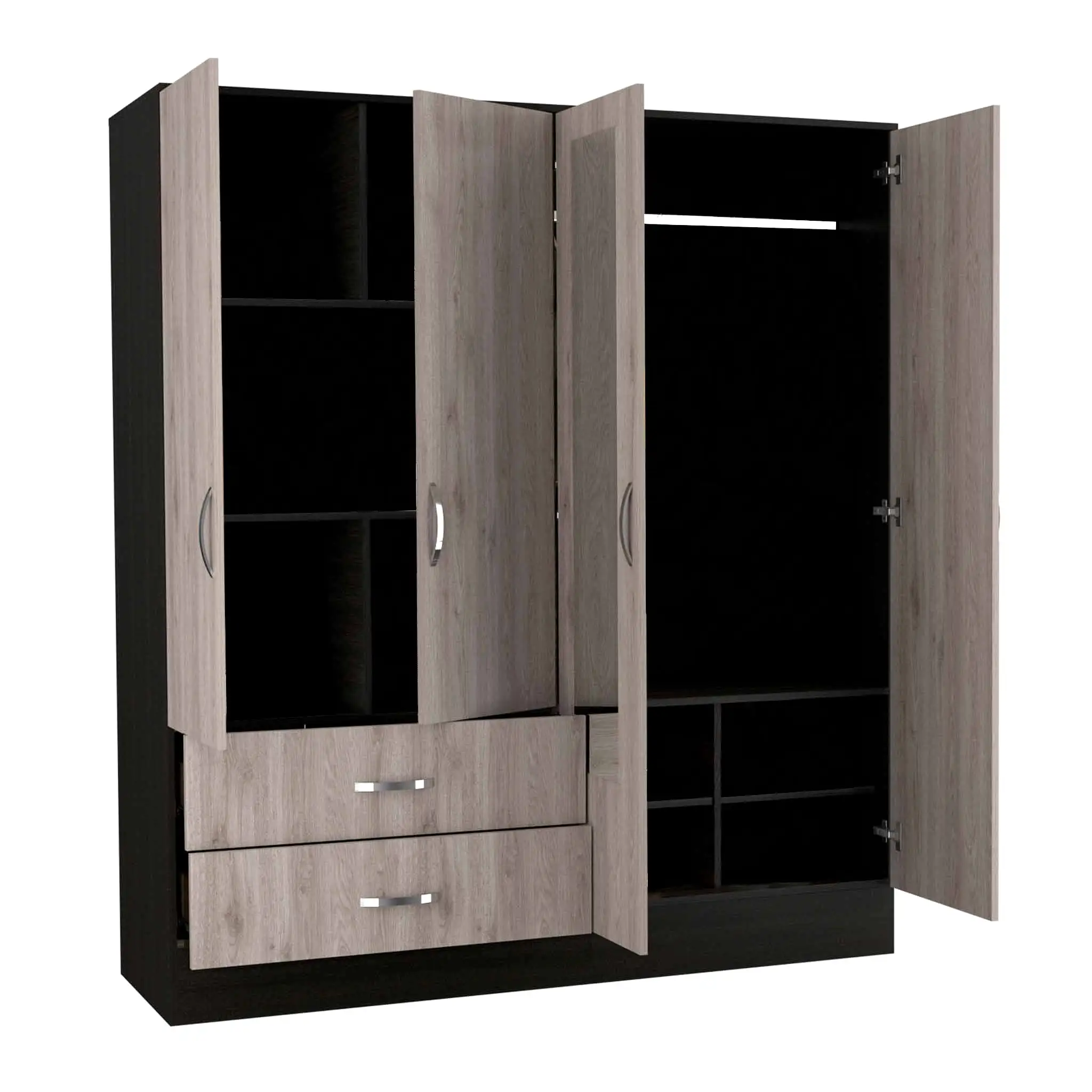 71 Light Oak and Black Four Door Wardrobe Closet with Mirrors