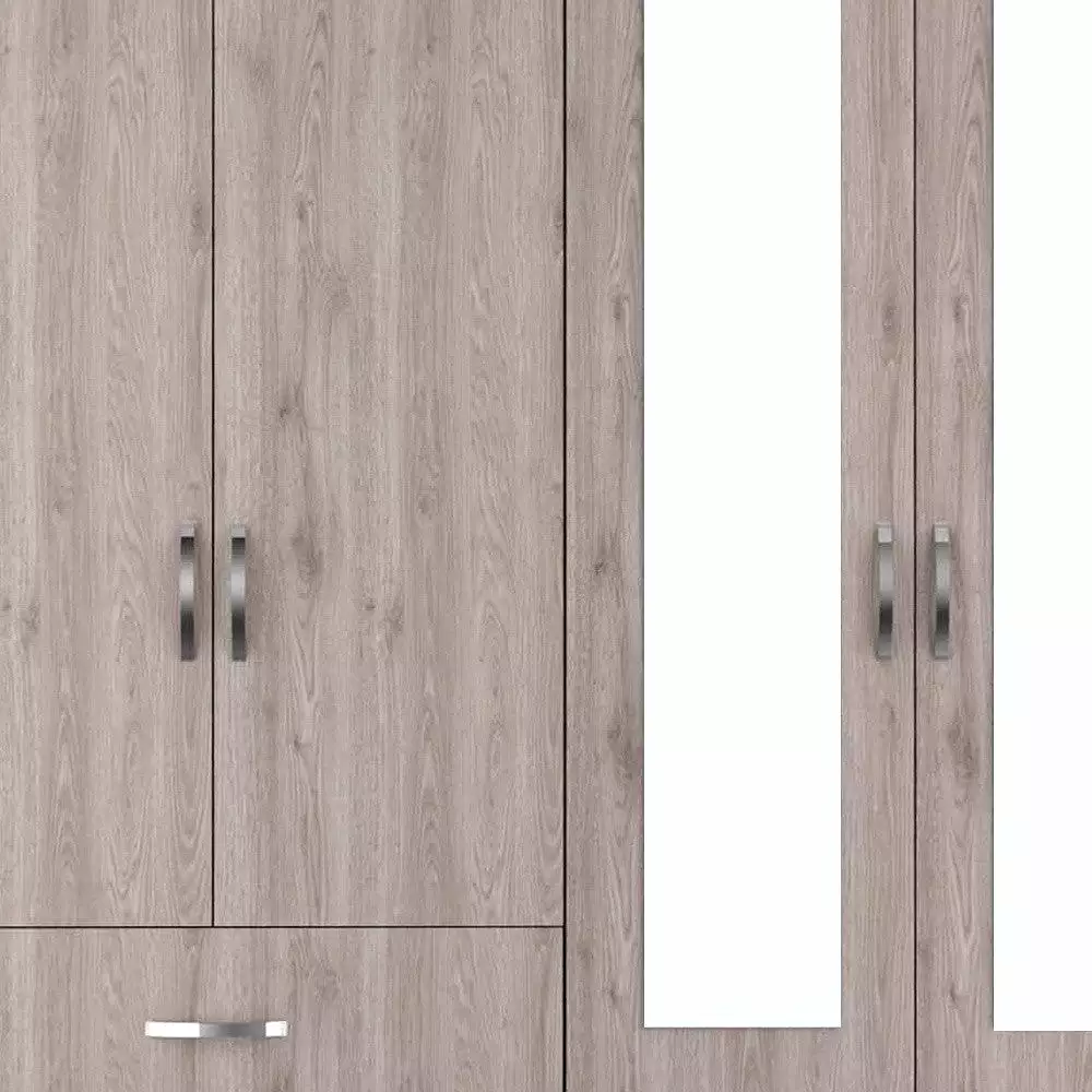 71 Light Oak and Black Four Door Wardrobe Closet with Mirrors