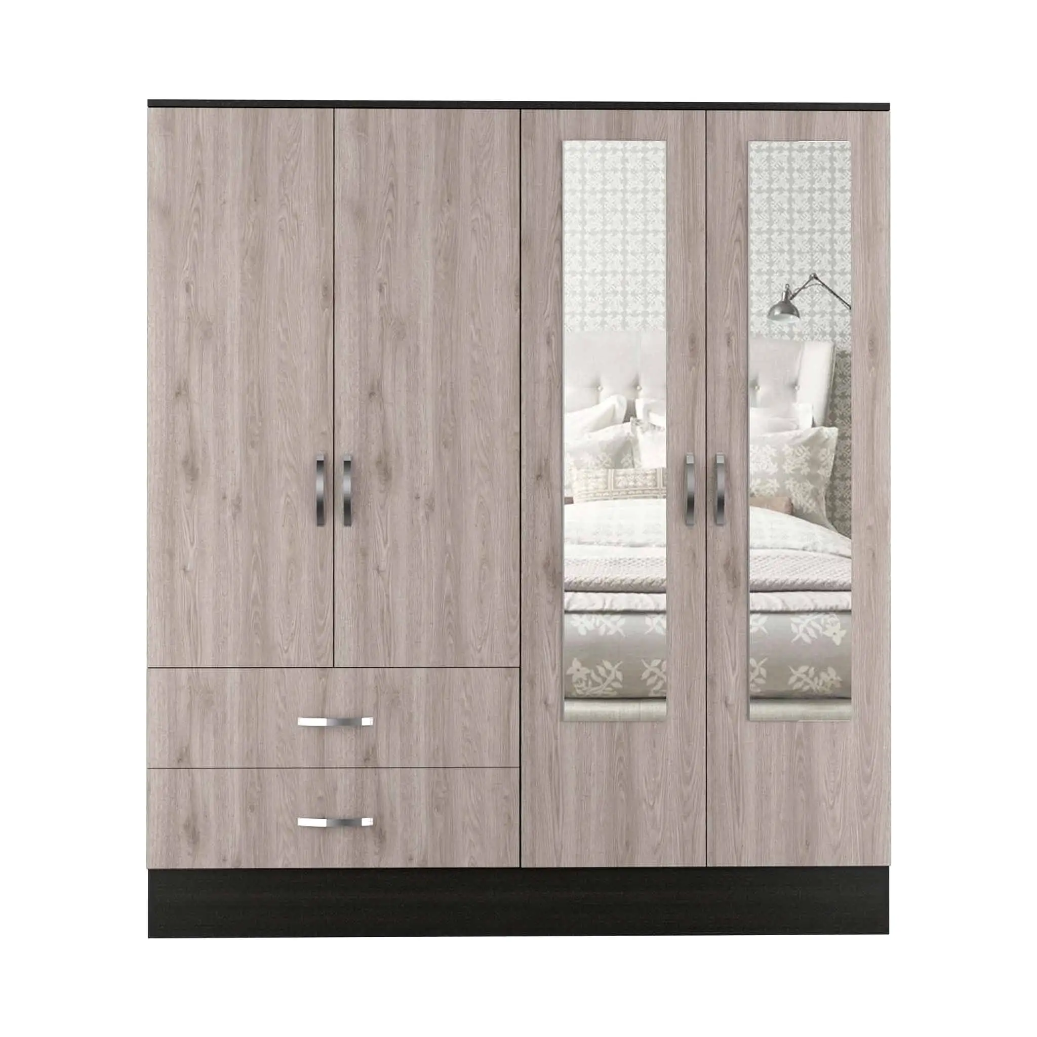 71 Light Oak and Black Four Door Wardrobe Closet with Mirrors