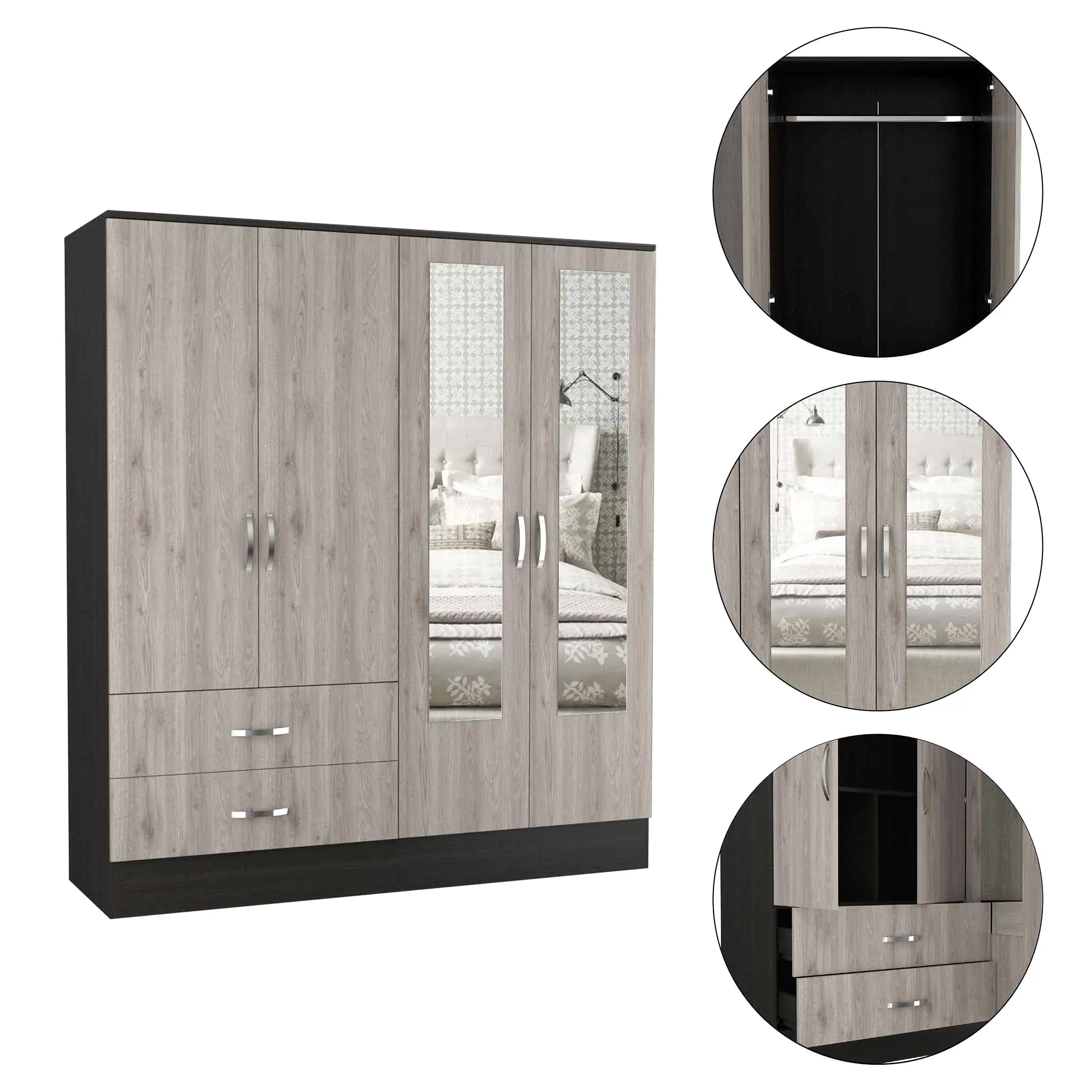 71 Light Oak and Black Four Door Wardrobe Closet with Mirrors