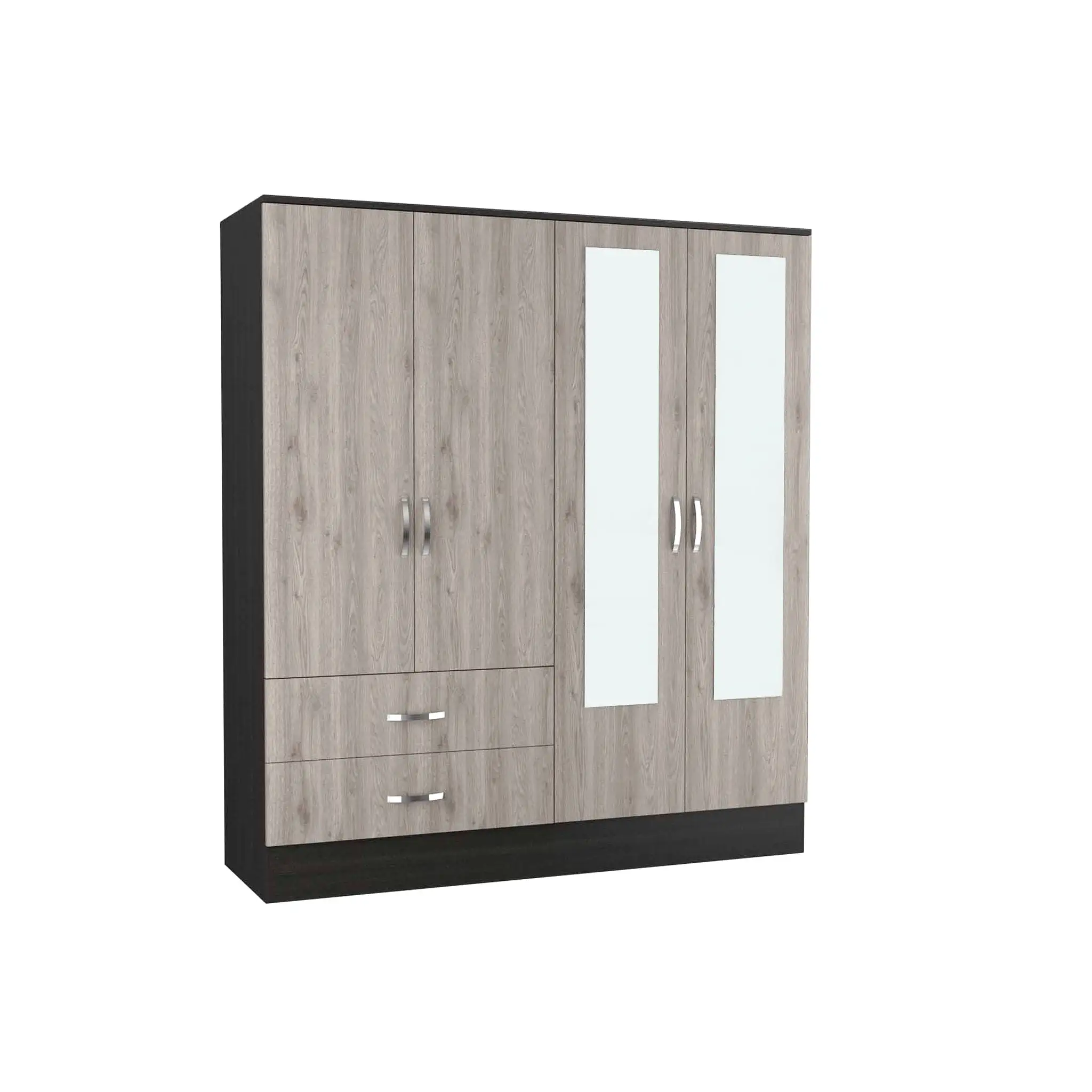 71 Light Oak and Black Four Door Wardrobe Closet with Mirrors