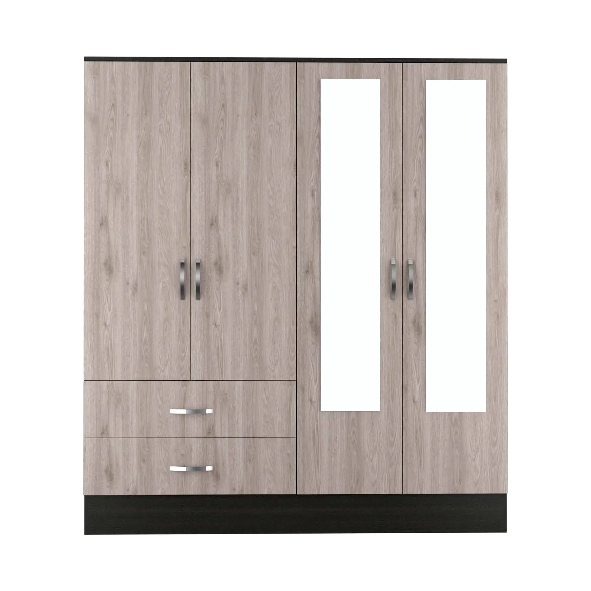 71 Light Oak and Black Four Door Wardrobe Closet with Mirrors