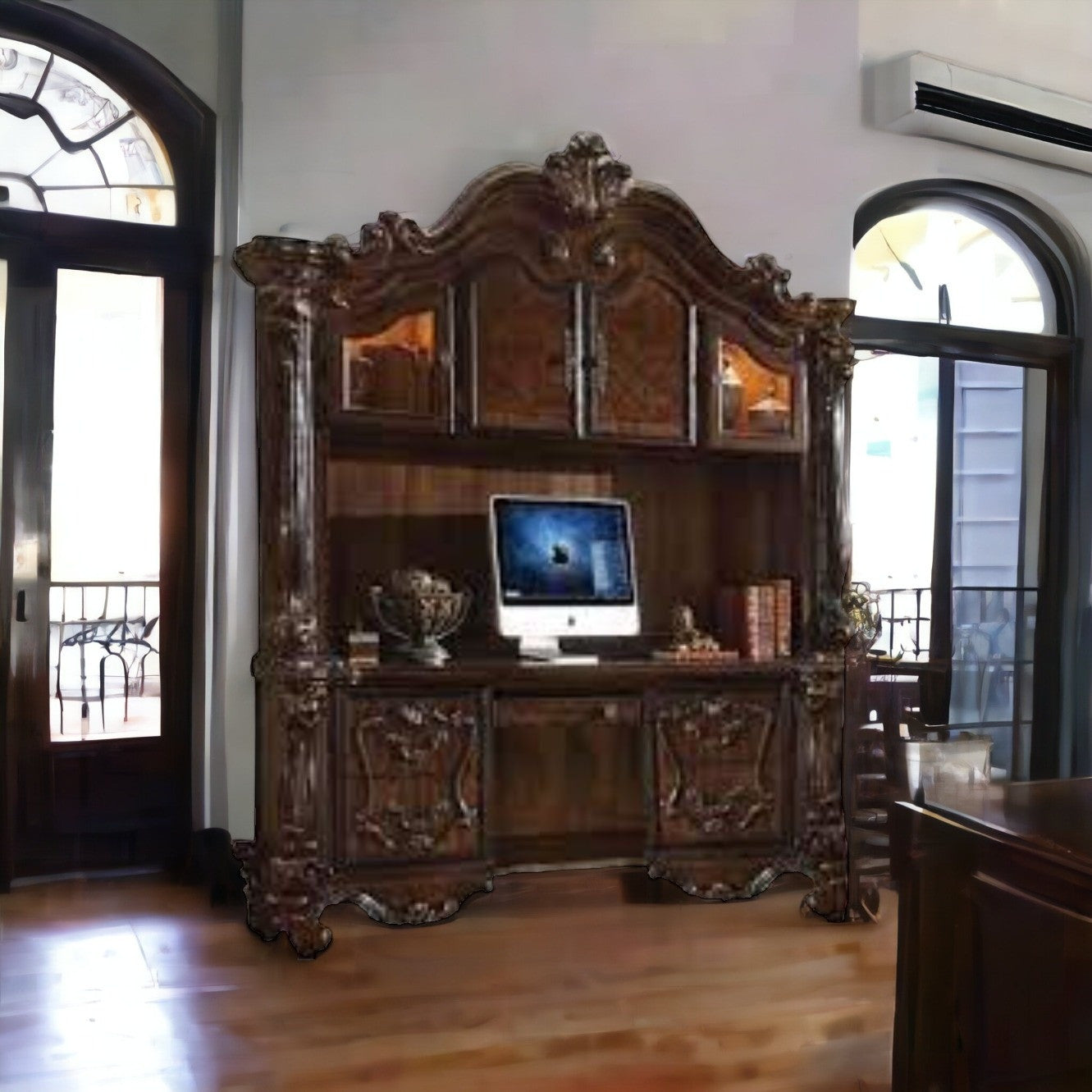 76 Dark Brown Wood Unique Credenza Desk With Four Cabinets Three Drawers