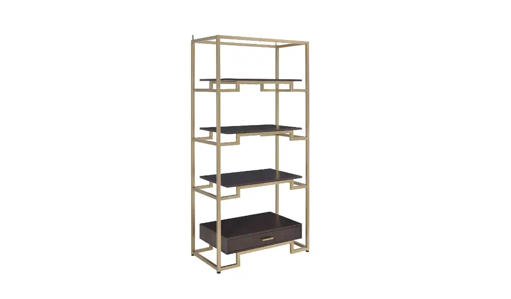 78 Gold and Black Metal Four Tier Etagere Bookcase with a Drawer