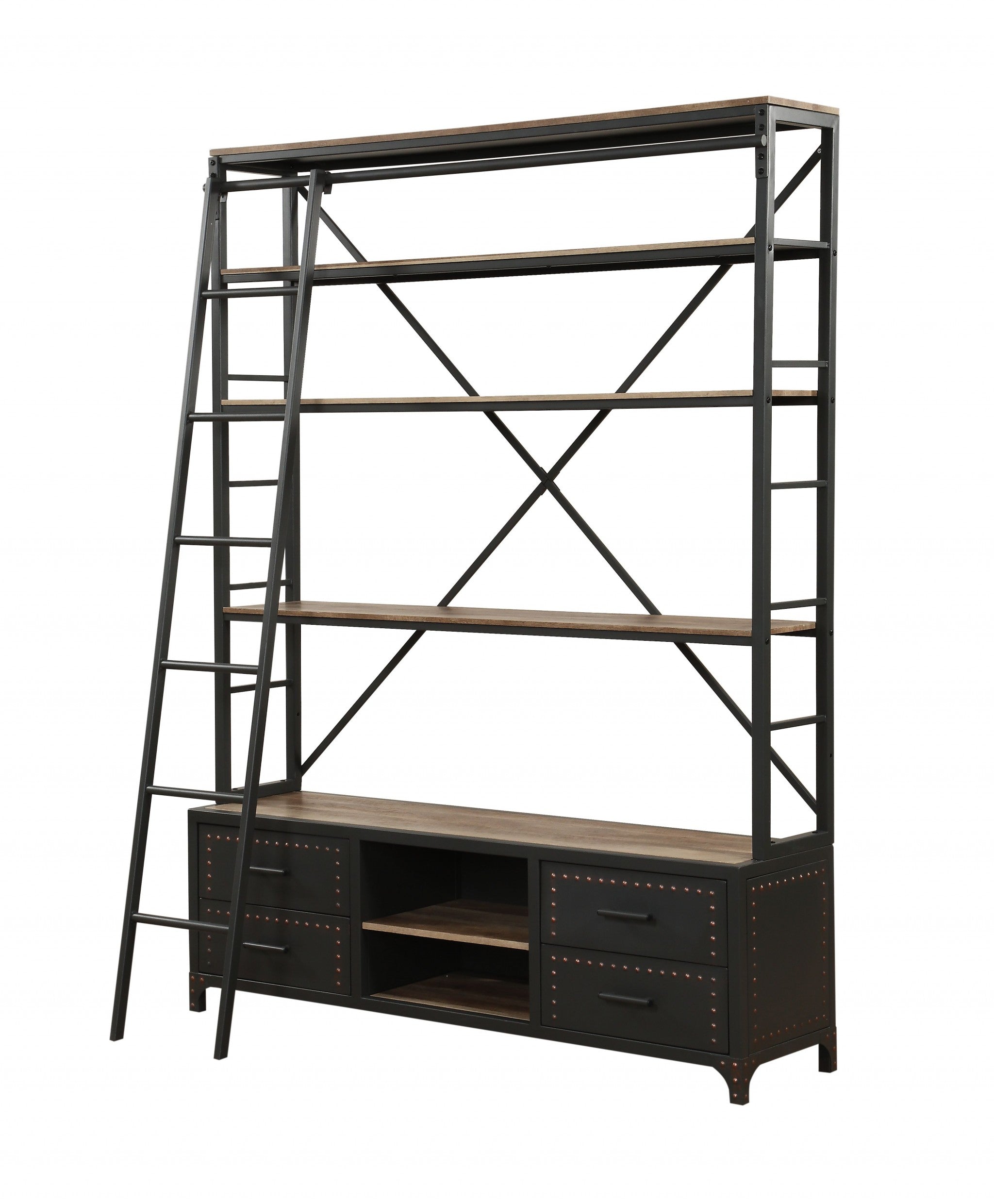 83 Dark Gray Metal and Wood Five Tier Oversized Set Bookcase with Four Drawers