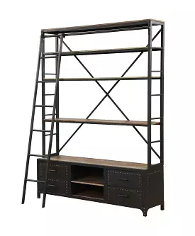 83 Dark Gray Metal and Wood Five Tier Oversized Set Bookcase with Four Drawers