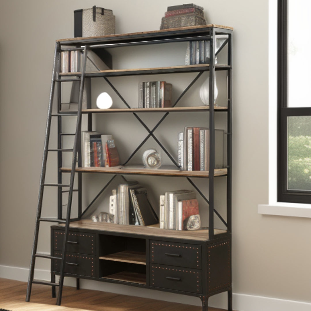 83 Dark Gray Metal and Wood Five Tier Oversized Set Bookcase with Four Drawers