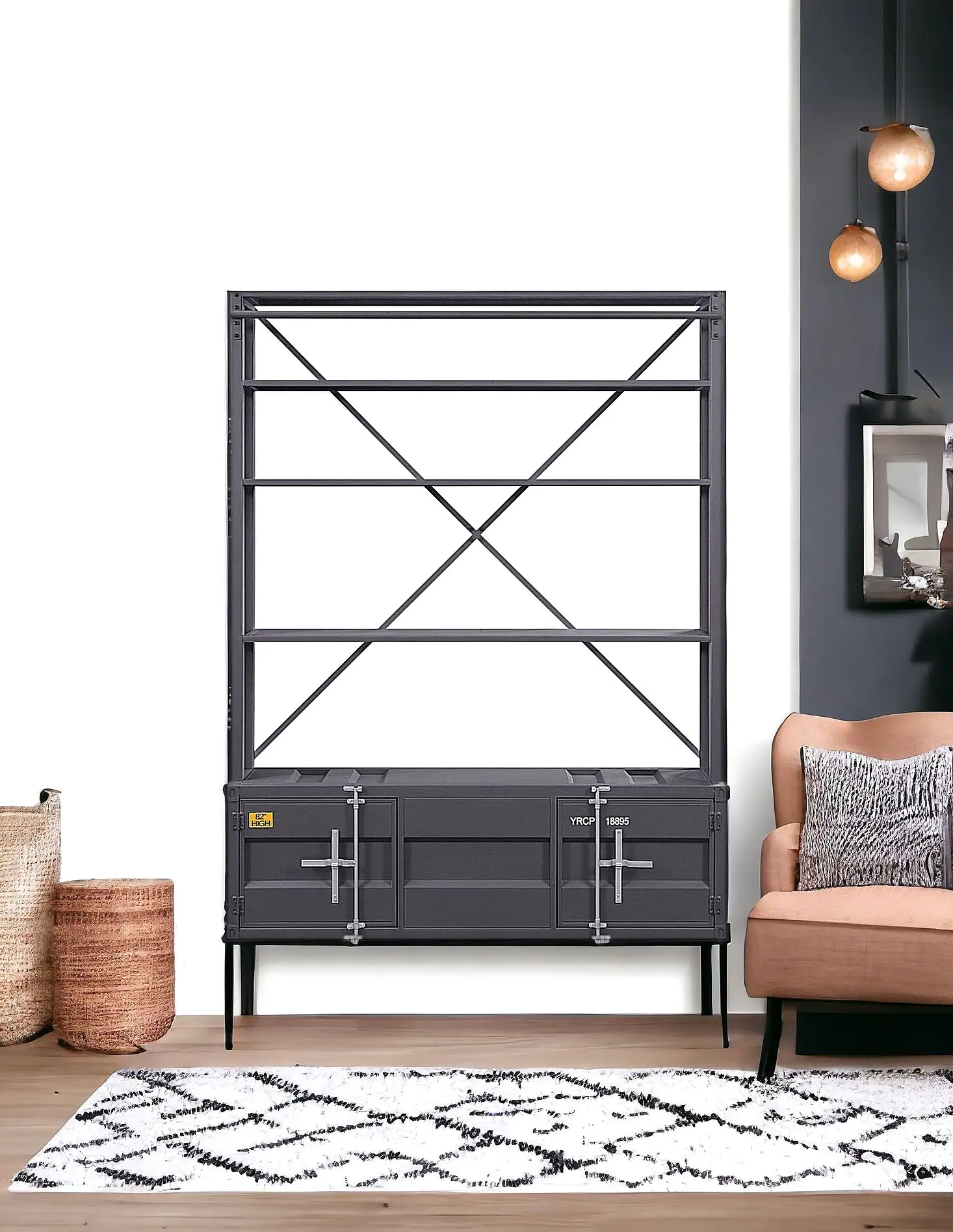 83 Gray Four Tier Cargo Style Bookcase with Cabinets and Ladder