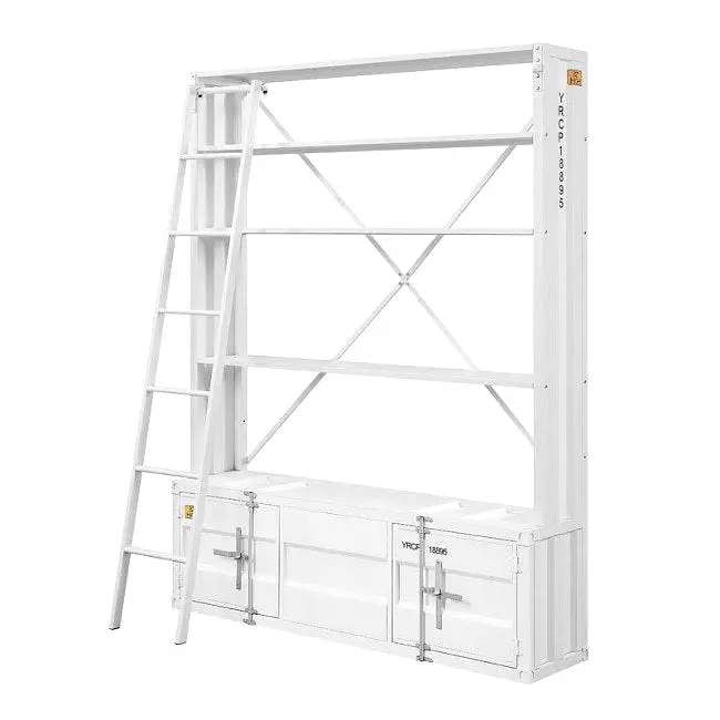 83 White Four Tier Cargo Style Bookcase with Cabinets and Ladder