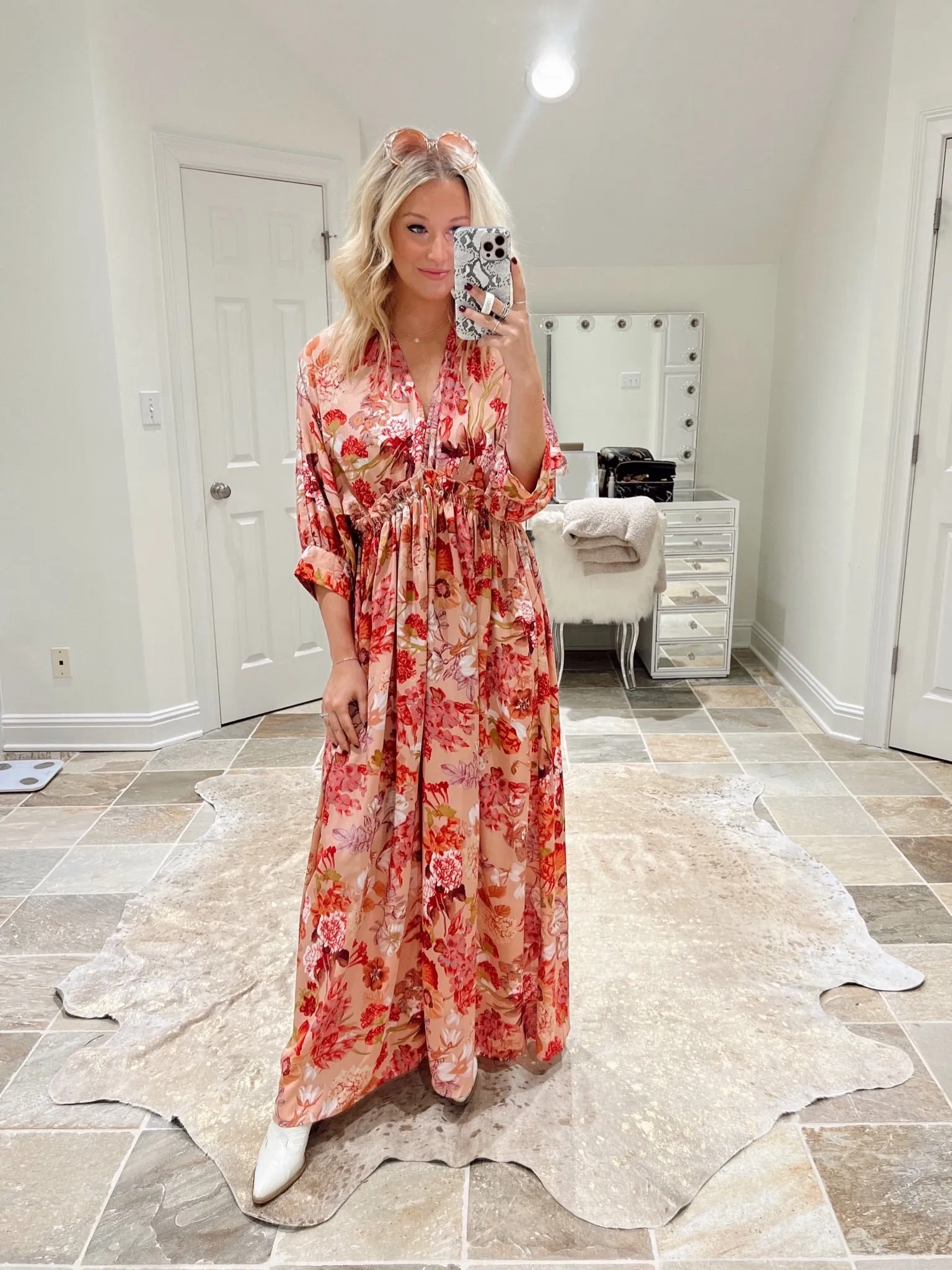 Aakaa Floral Print Deep V with Front Tassel Drawstring Button Up Maxi Dress NWT- Size S