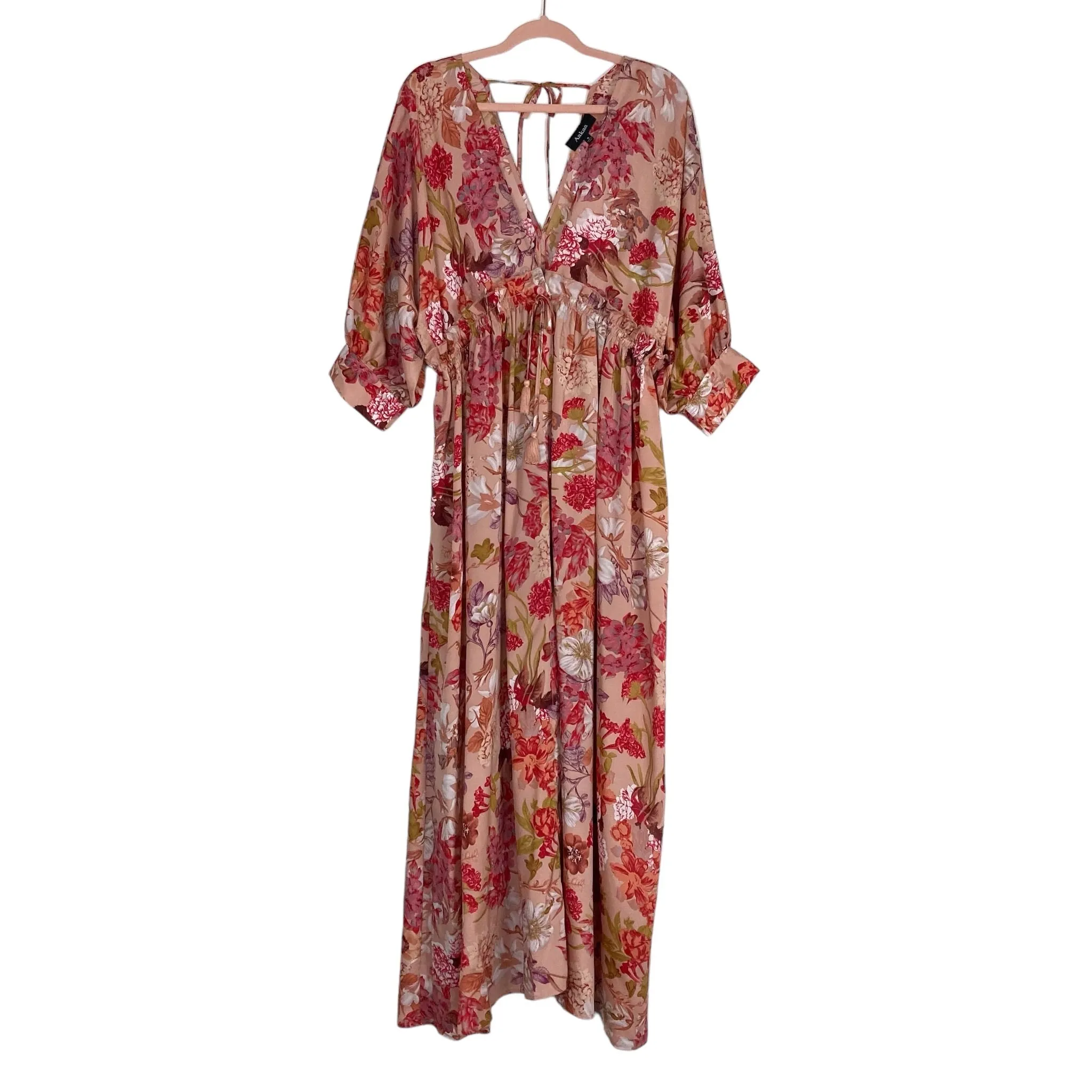 Aakaa Floral Print Deep V with Front Tassel Drawstring Button Up Maxi Dress NWT- Size S