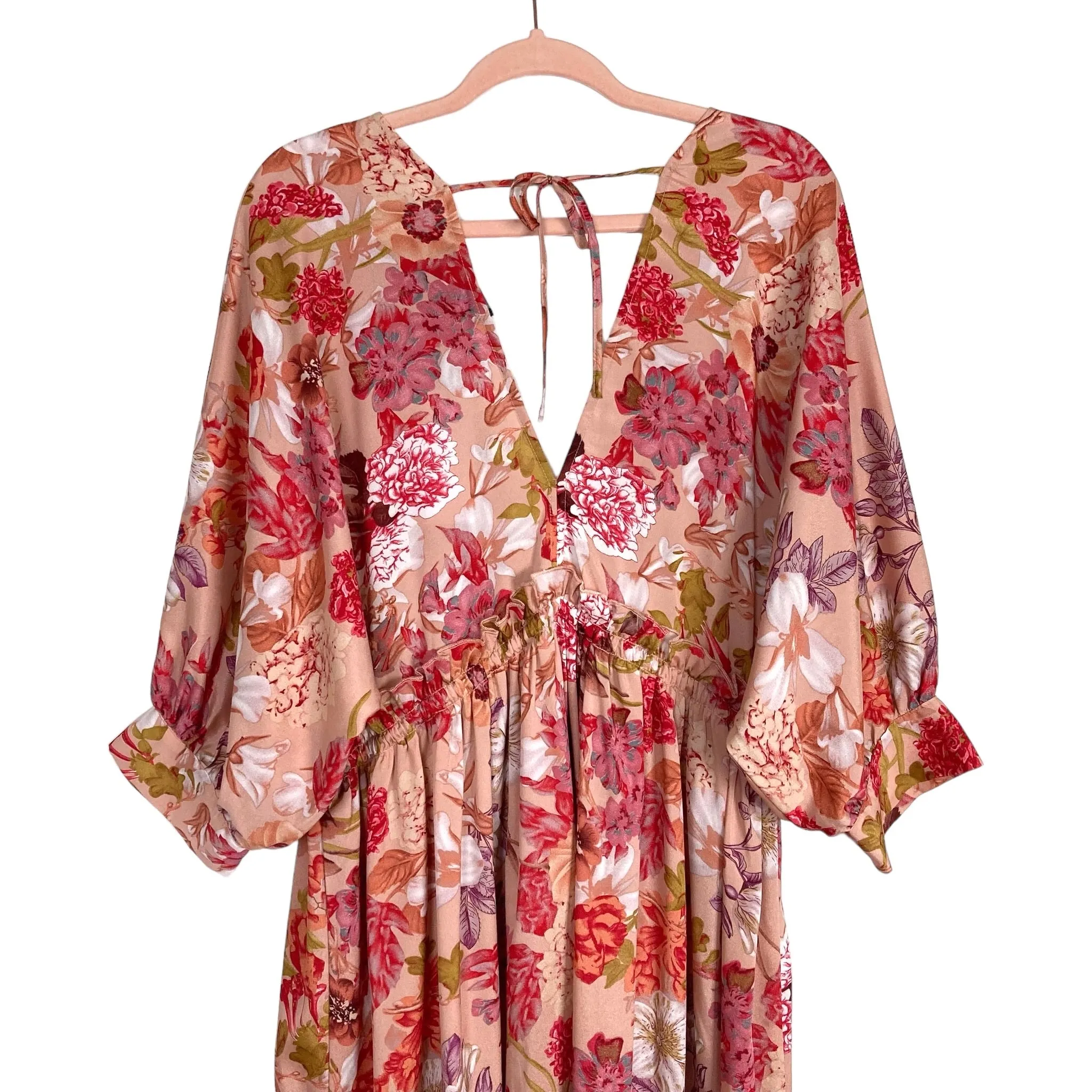 Aakaa Floral Print Deep V with Front Tassel Drawstring Button Up Maxi Dress NWT- Size S