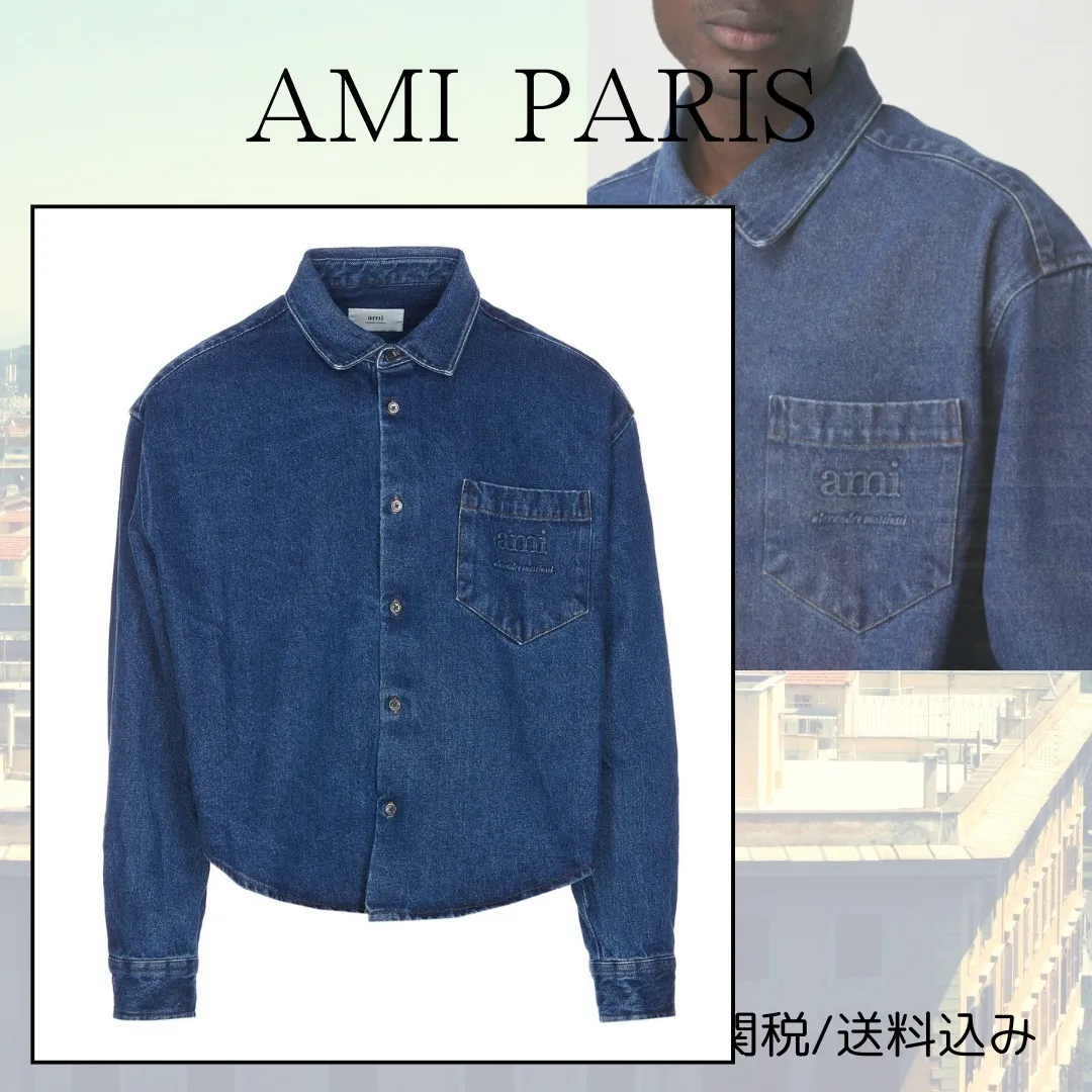 AMI PARIS  |Denim Street Style Long Sleeves Plain Cotton Logo Designers