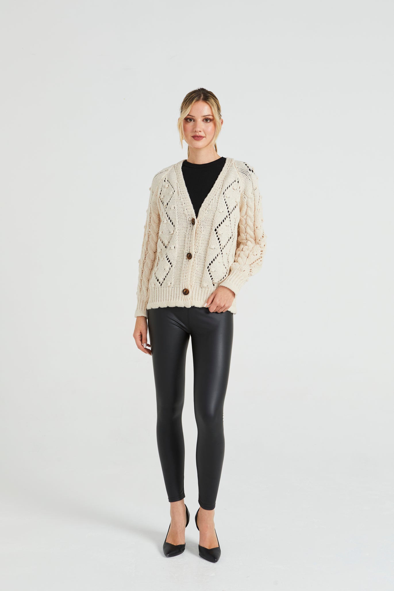 Angeleye Cable Knit V Neck Cardigan With Pom-pom