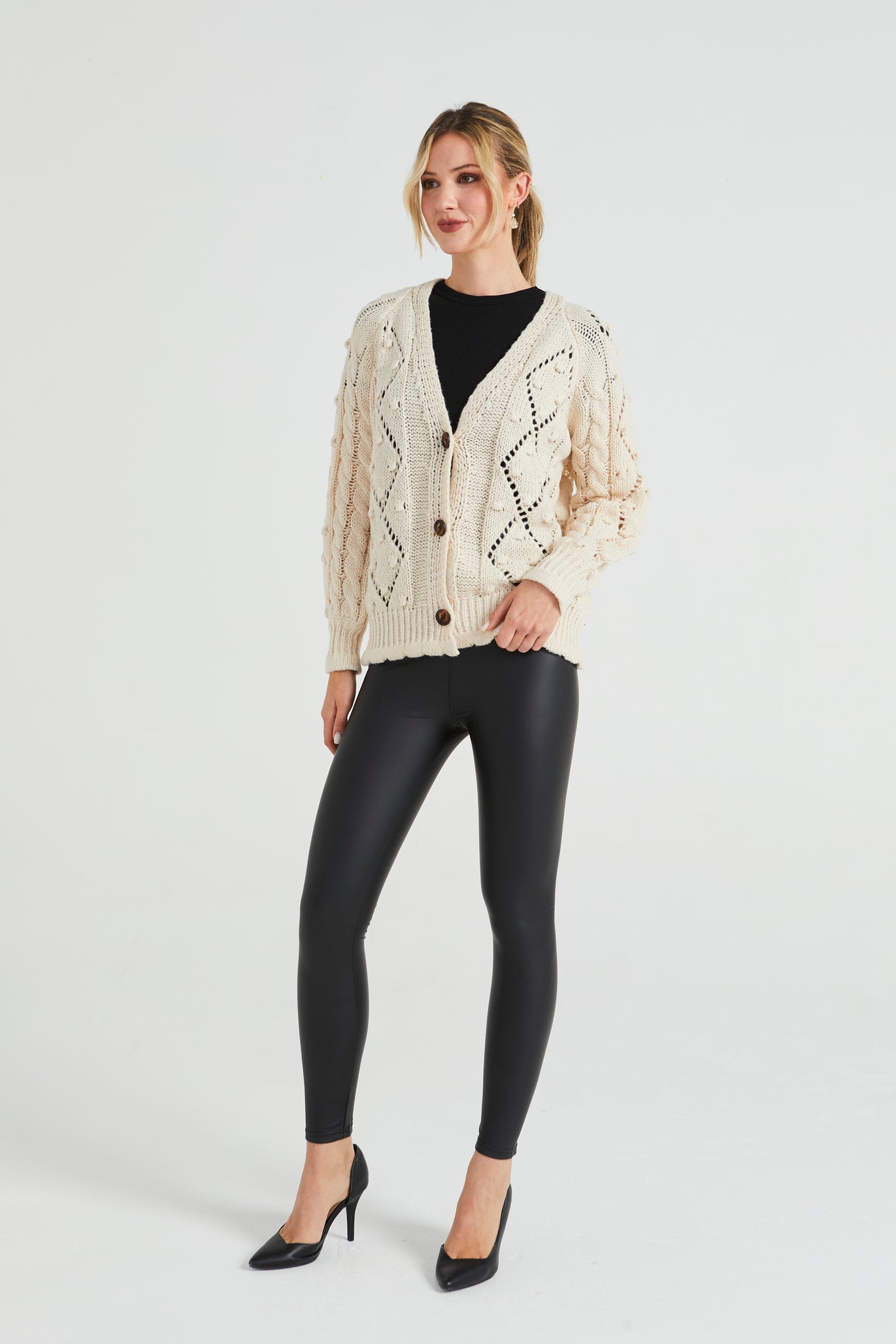 Angeleye Cable Knit V Neck Cardigan With Pom-pom