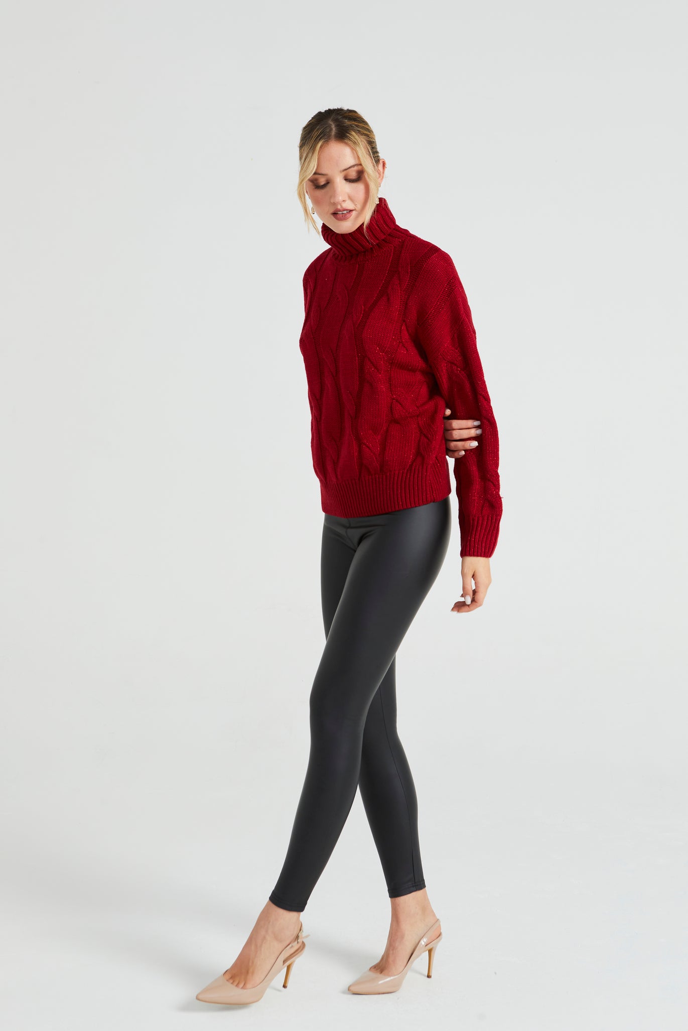 Angeleye High Neck Cable Knit Jumper With Lurex In Red