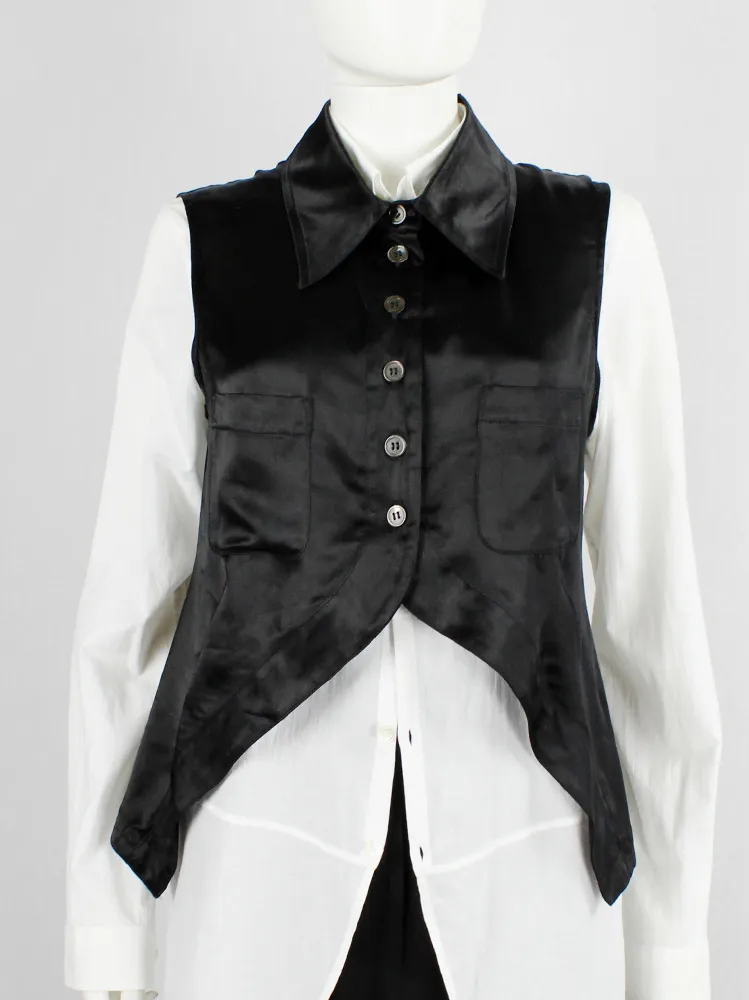 Ann Demeulemeester black satin sleeveless shirt with cutaway front — spring 1995