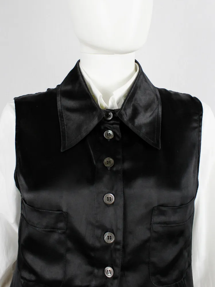 Ann Demeulemeester black satin sleeveless shirt with cutaway front — spring 1995