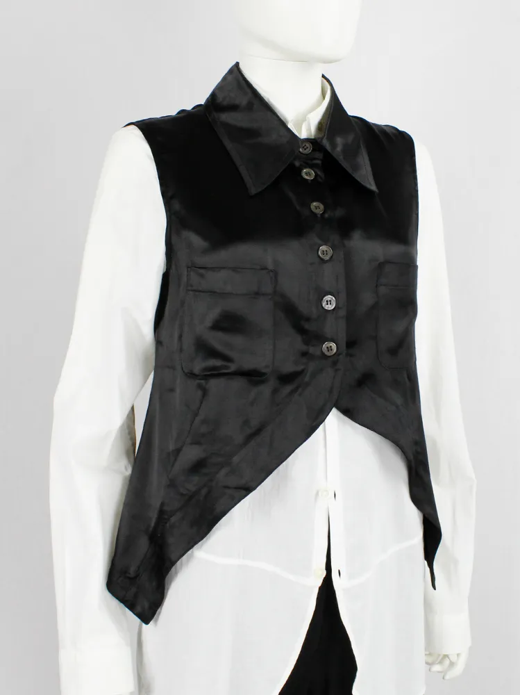 Ann Demeulemeester black satin sleeveless shirt with cutaway front — spring 1995