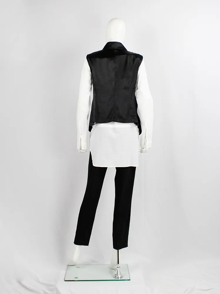 Ann Demeulemeester black satin sleeveless shirt with cutaway front — spring 1995