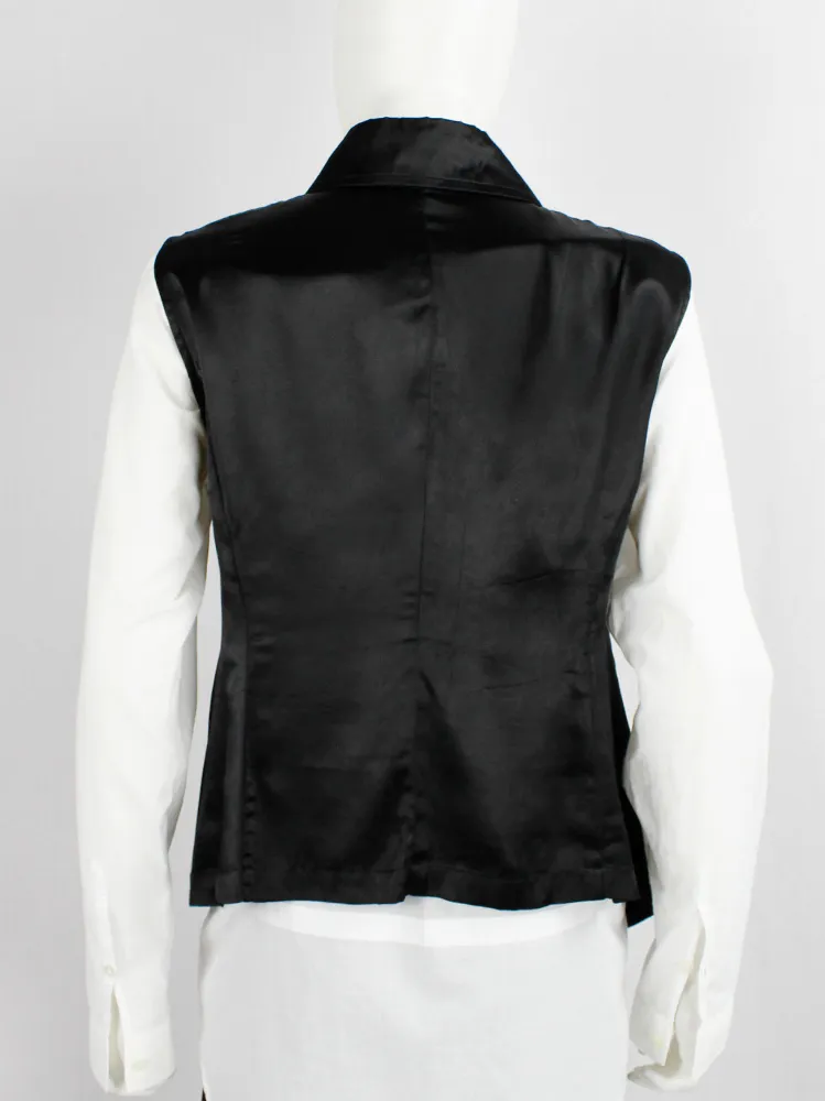 Ann Demeulemeester black satin sleeveless shirt with cutaway front — spring 1995